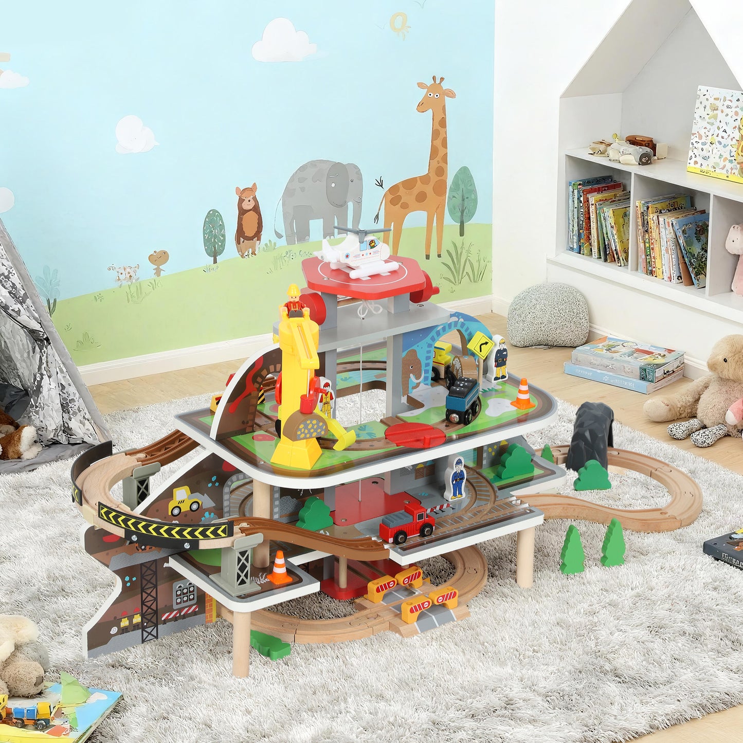 Qaba 79Pcs Wooden Train Set Mine Themed with Crane, Helicopter, Track & Accessories, for Boys & Girls 3+ Years Old