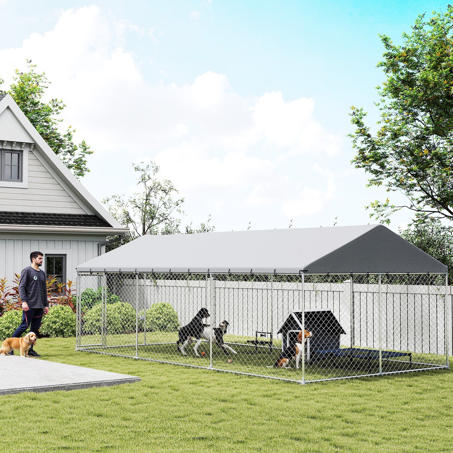 Galvanized Steel Outdoor Dog Kennel with Roof, Safety Locks, for Backyard, 19.7' x 9.8' x 7.1'