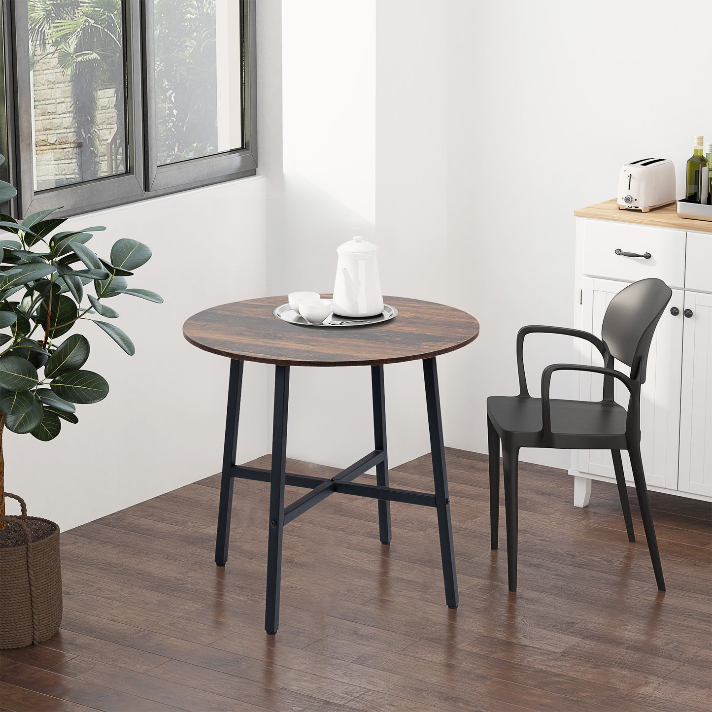 Ф31.5" Dining Room Table, Industrial Style Kitchen Table Round with Steel Legs, Rustic Brown