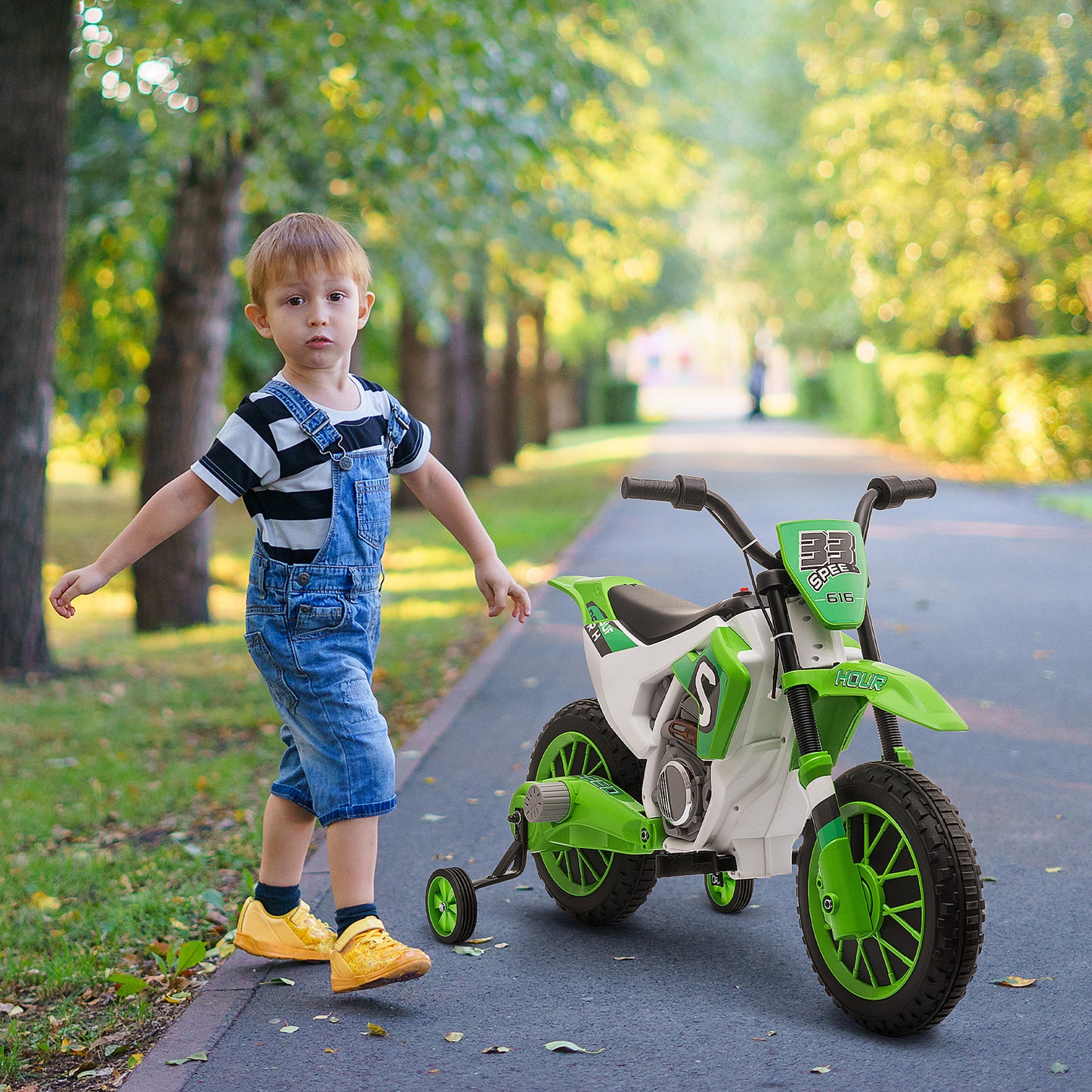 VarietyKart Kids Dirt Bike Battery-Powered Ride-On Electric Motorcycle with Charging 12V Battery, Training Wheels Green