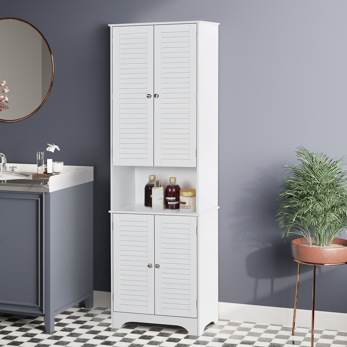 Tall Bathroom Storage Cabinet, Slim Bathroom Cabinet with 4 Shutter Doors and Adjustable Shelves, Toilet Vanity Cabinet,