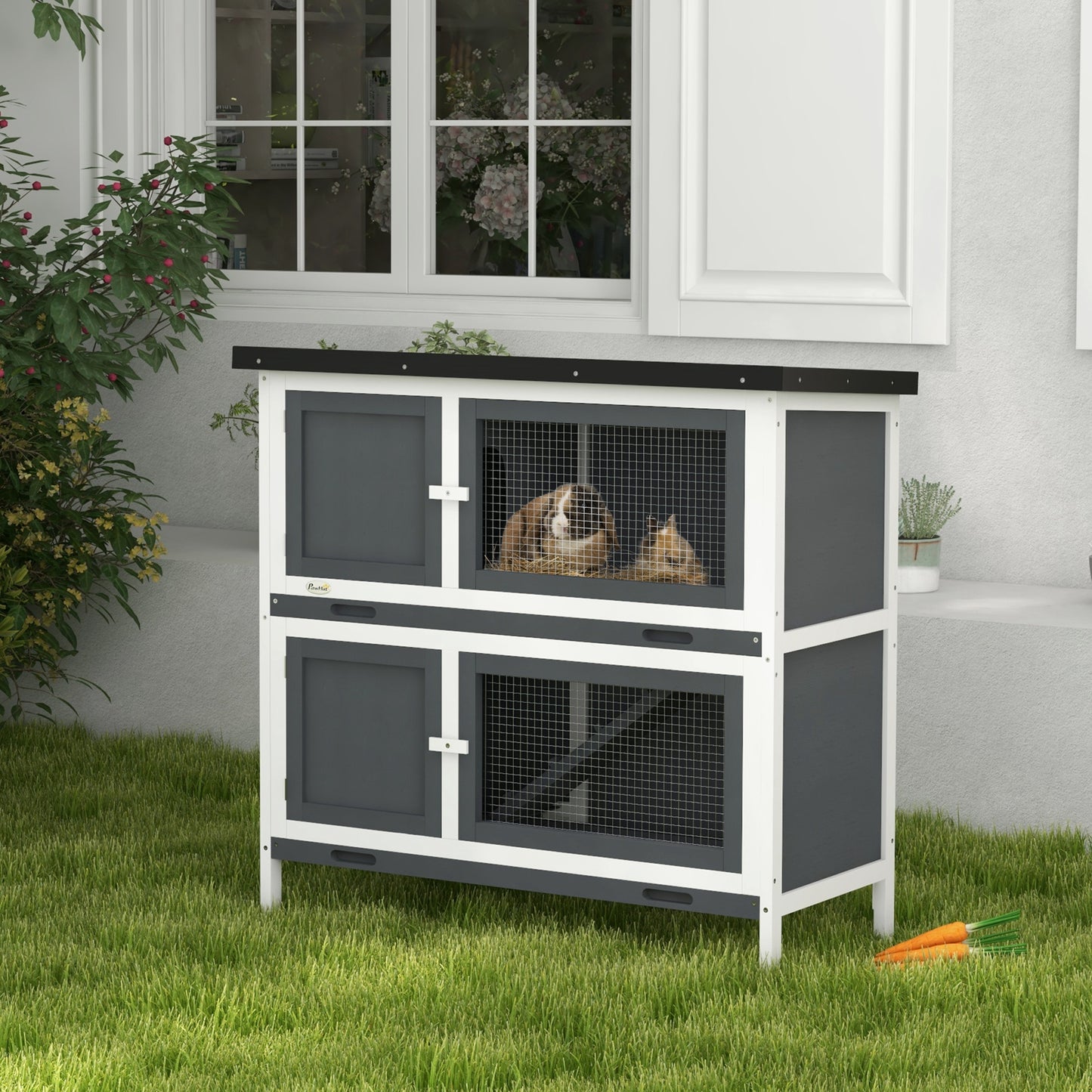 Wood Rabbit Hutch with 2 Large Main House, Ramp, Trays, Grey