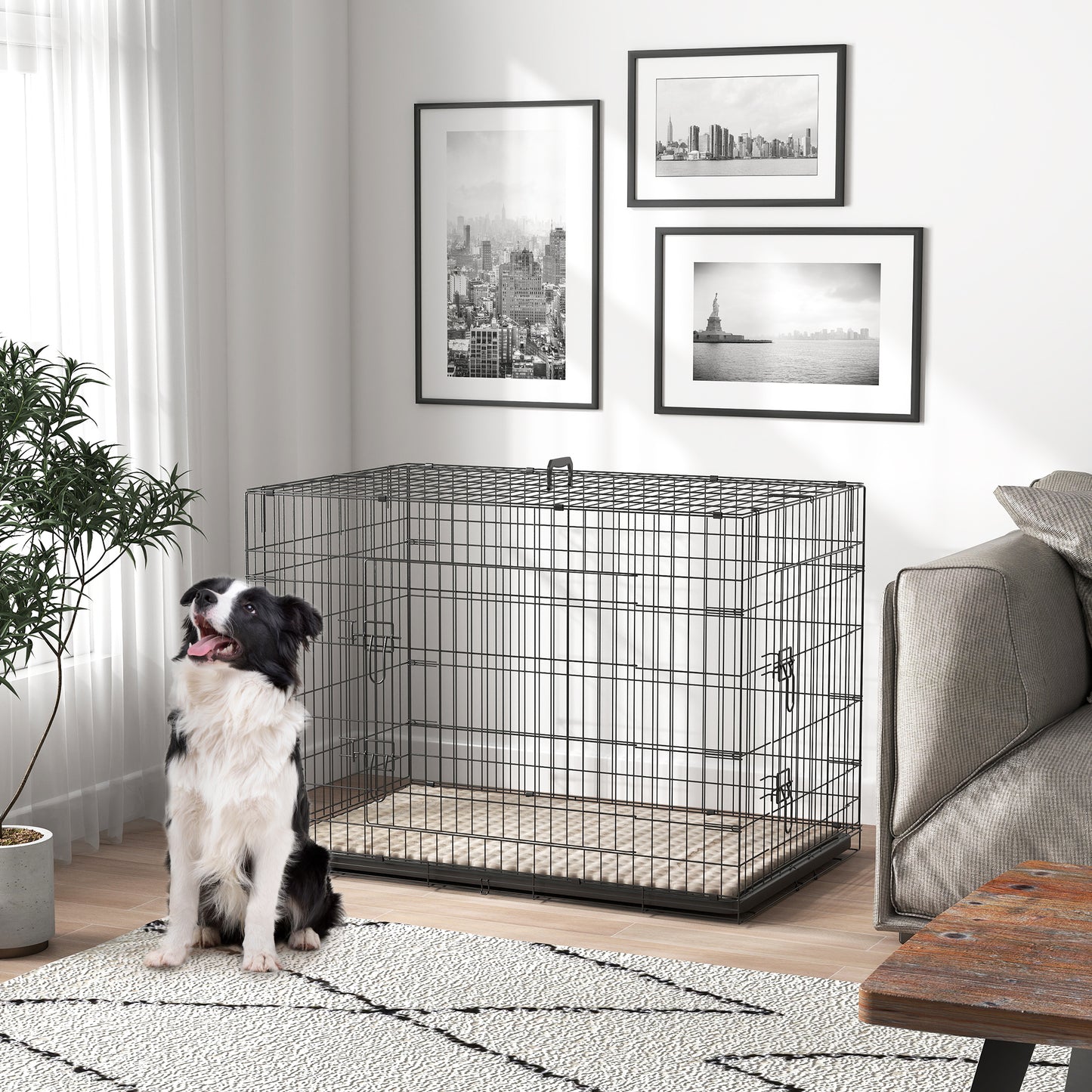 42" Dog Crate with 2 Doors, Folding Metal Dog Cage with Soft Cushion, Removable Tray, Handle, for Small Dogs, Black
