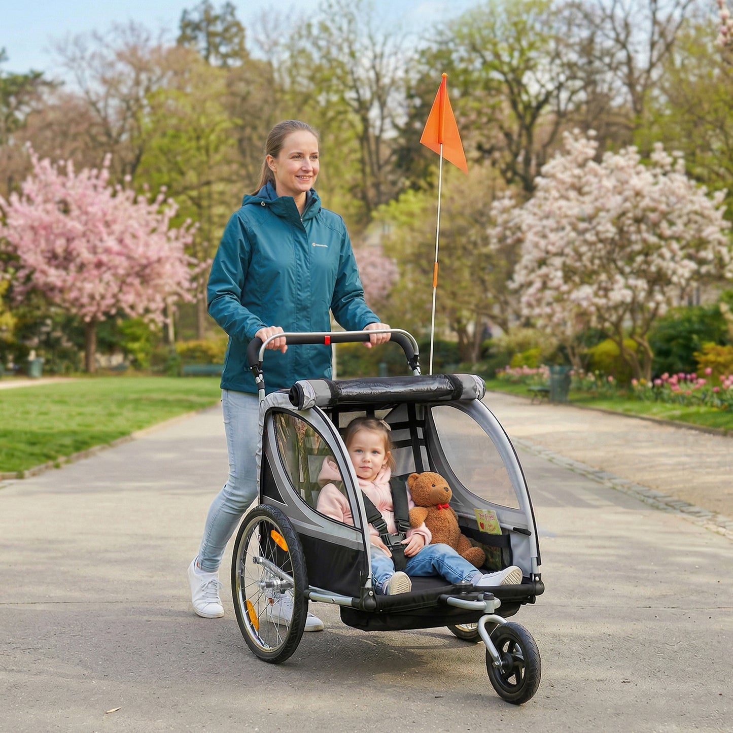VarietyKart 2 Seat Bike Trailer for Kids 2-in-1 Baby Stroller with Handbrake, Rubber Wheels, 5 Point Harness, Reflectors
