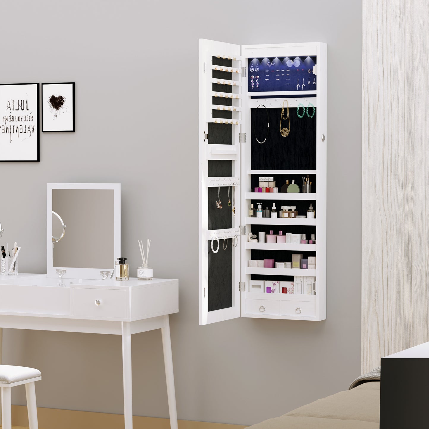 Mirror Jewelry Cabinet Armoire with LED Lights and 2 Keys, Wall Door Mounted Jewelry Organizer, Lockable Full-length Mir