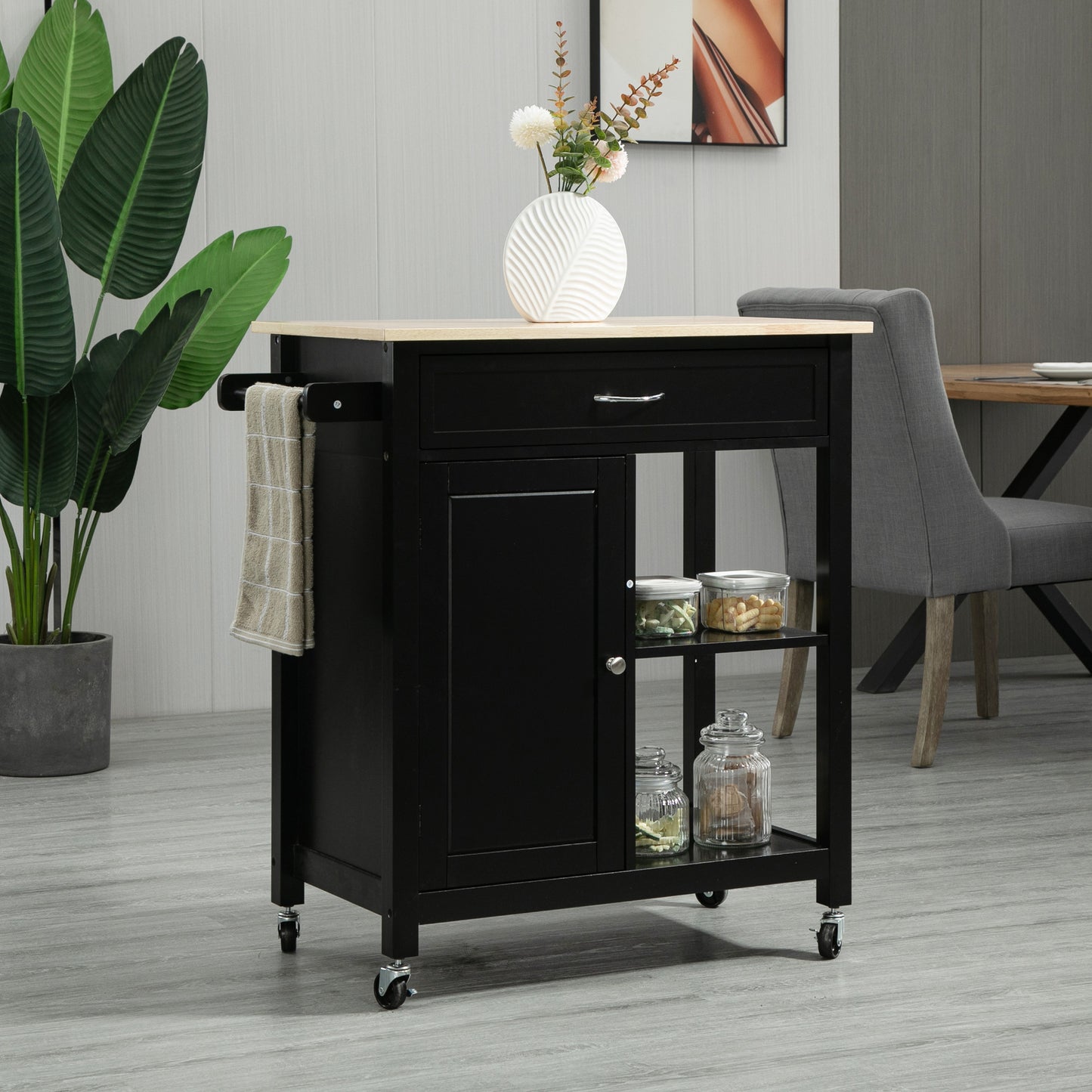 Rolling Kitchen Cart with Wood Top and Drawer, Kitchen Island on Wheels for Dining Room, Black | VarietyKart Canada