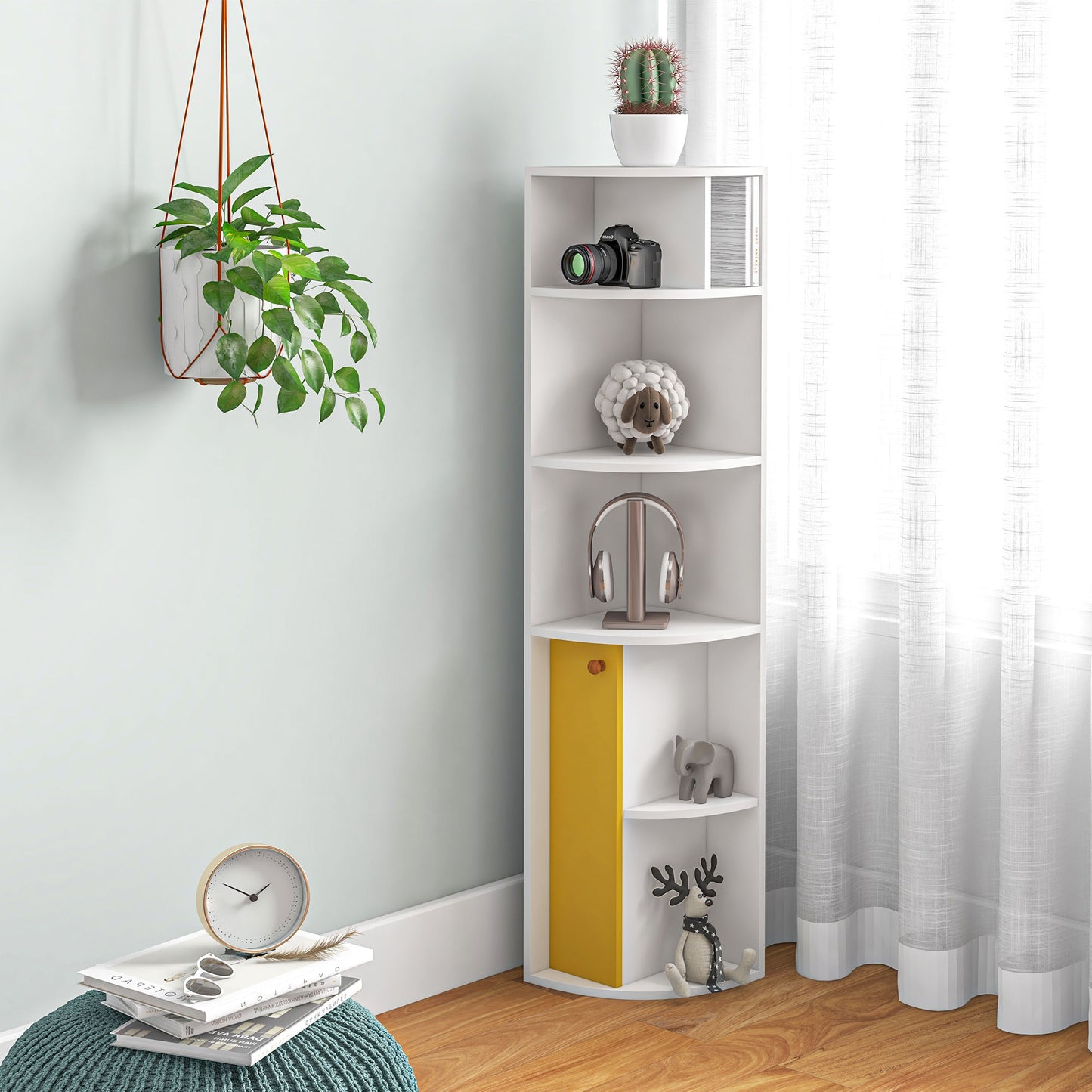 5-Tier Corner Bookcase, Storage Bookshelf, Freestanding Display Shelves with Open Compartments and Cabinet for Home Offi
