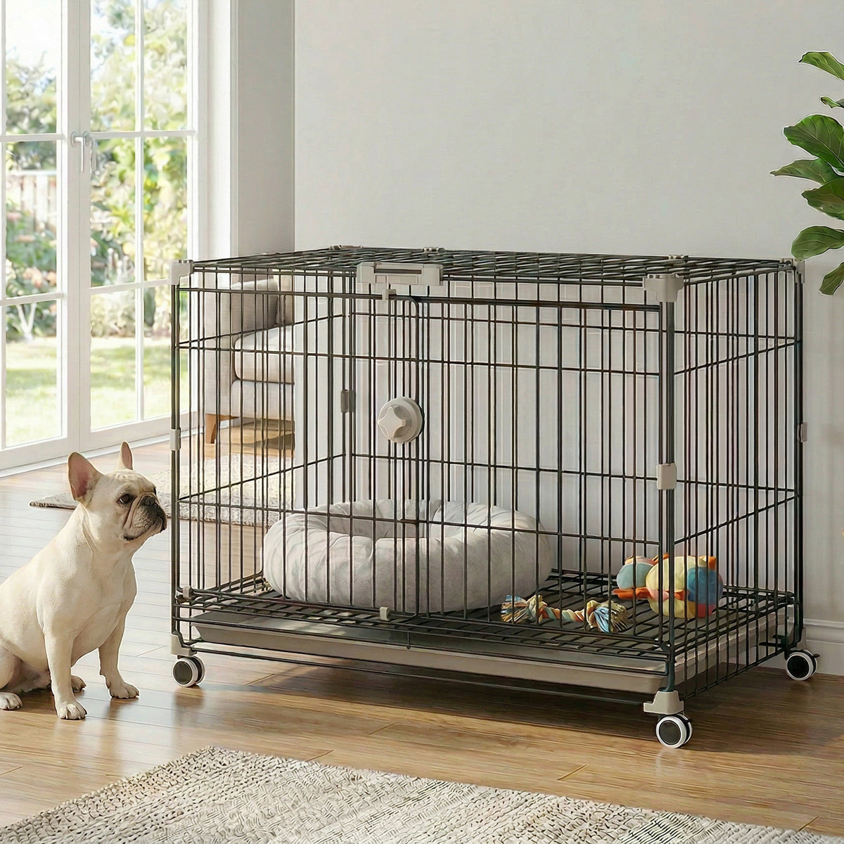 Dog Crate, 30 Inch Metal Dog Cage with Removable Tray, Lockable Wheels, 2 Doors for Small Medium Breeds, Black