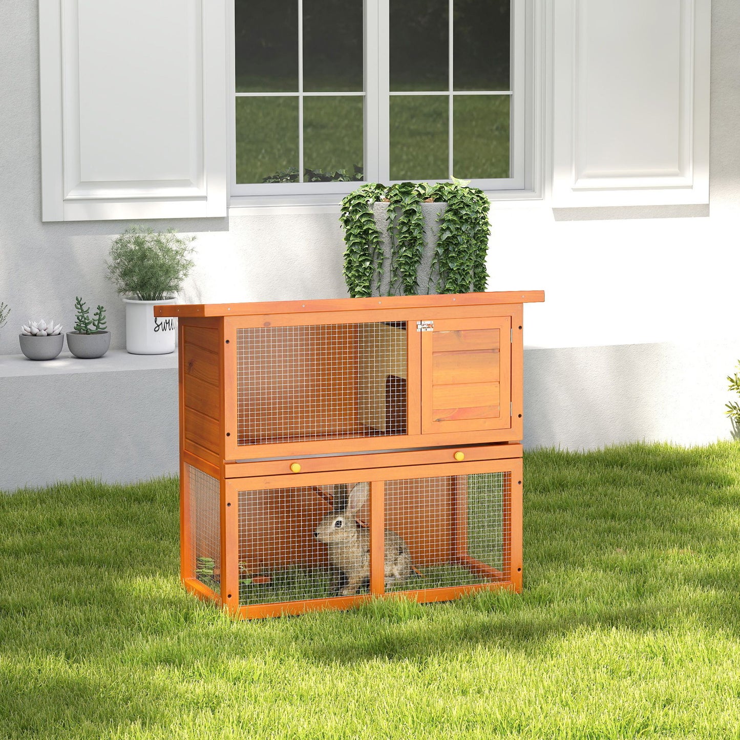 Wooden Rabbit Hutch, Indoor Outdoor Bunny Cage with Run, 2- Level Guinea Pig House with Slide-Out Tray, Waterproof Roof,