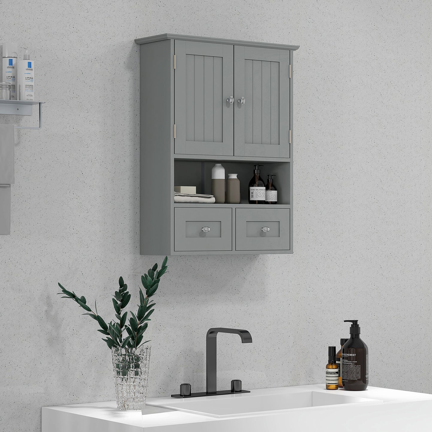 Bathroom Wall Cabinet with 2 Drawers, Modern Medicine Cabinet with 2 Doors and Open Shelf, Over the Toilet Storage Organ