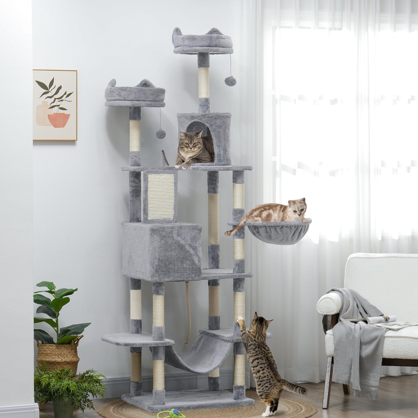 81" Large Cat Tree w/ Scratching Posts, Condos, Beds, Hammocks, Jumping Platforms, Toy Balls, Rope Cat Toy, Light Grey