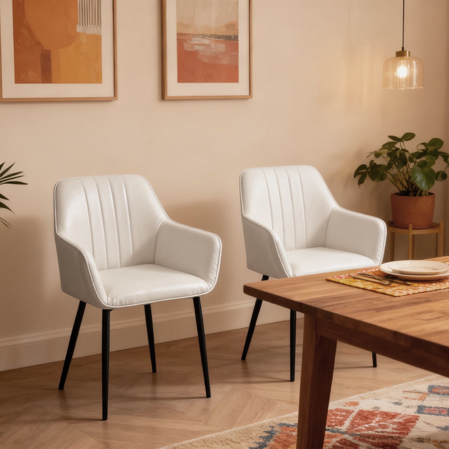 Dining Chairs Set of 2, Upholstered Linen Fabric Accent Chairs with Metal Legs, Beige