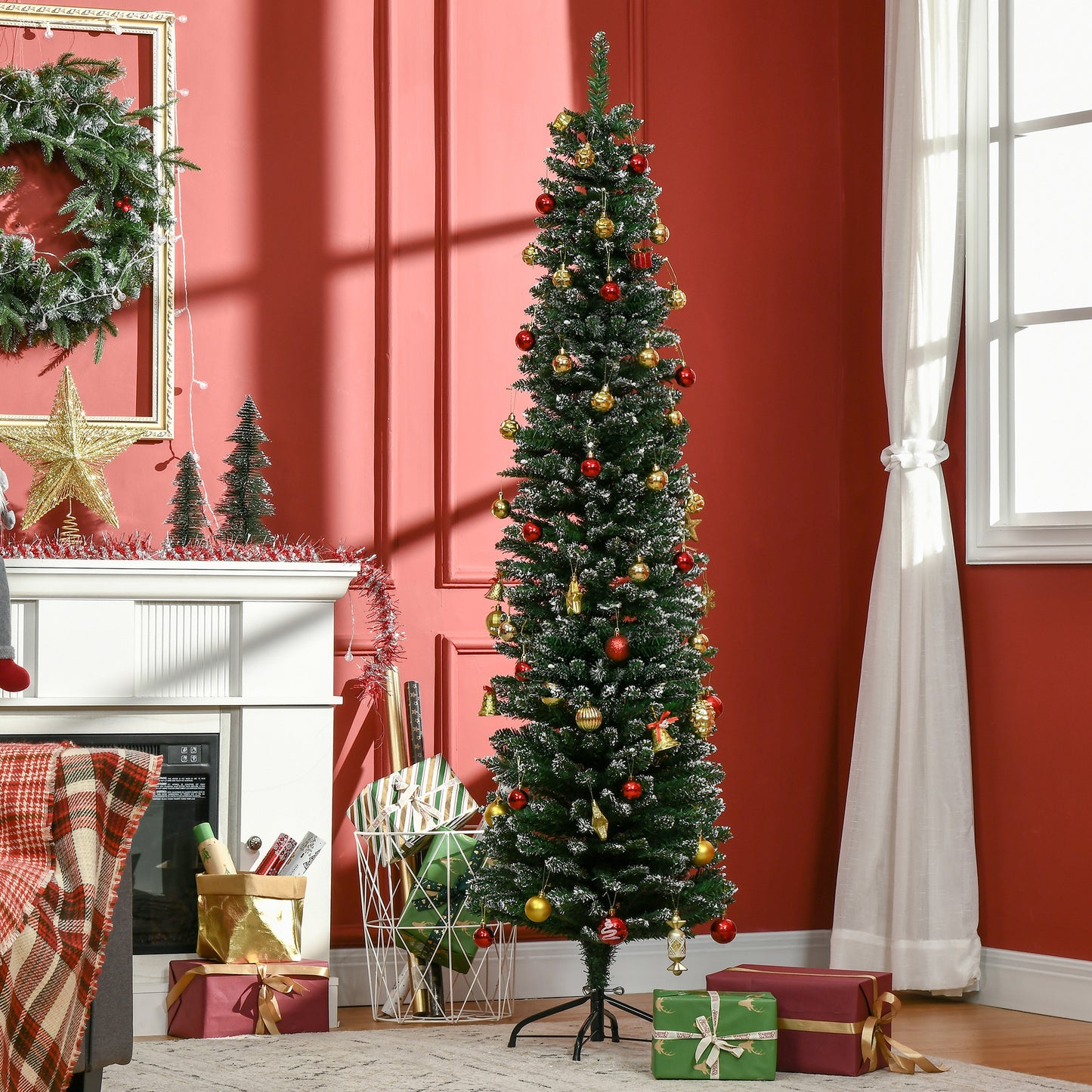 6FT Artificial Snow Dipped Christmas Tree Xmas Pencil Tree Holiday Home Indoor Decoration with Foldable Black Stand, Gre