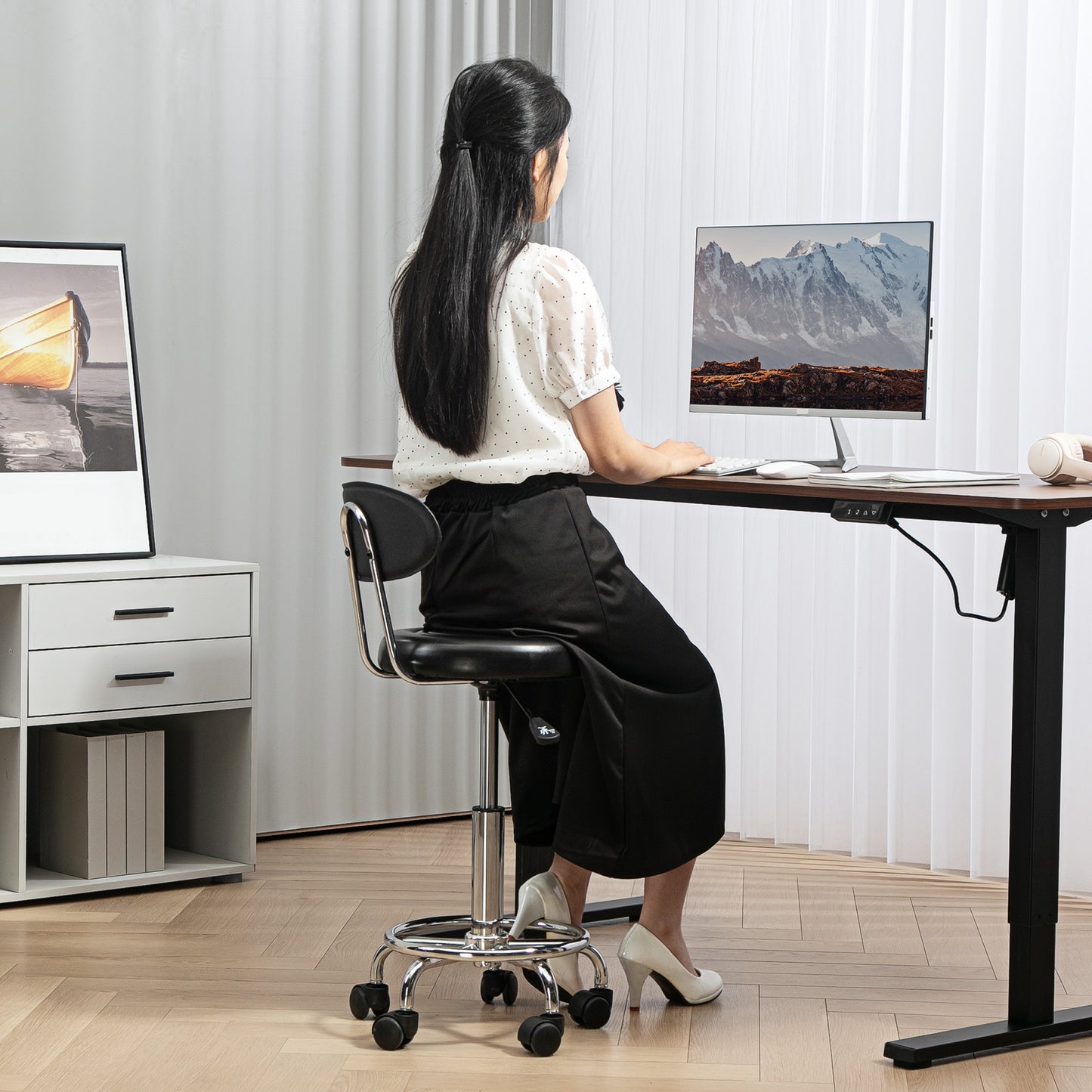 Adjustable Stool, Rolling Stool, 360° Rotate, with Backrest and Wheels, Black