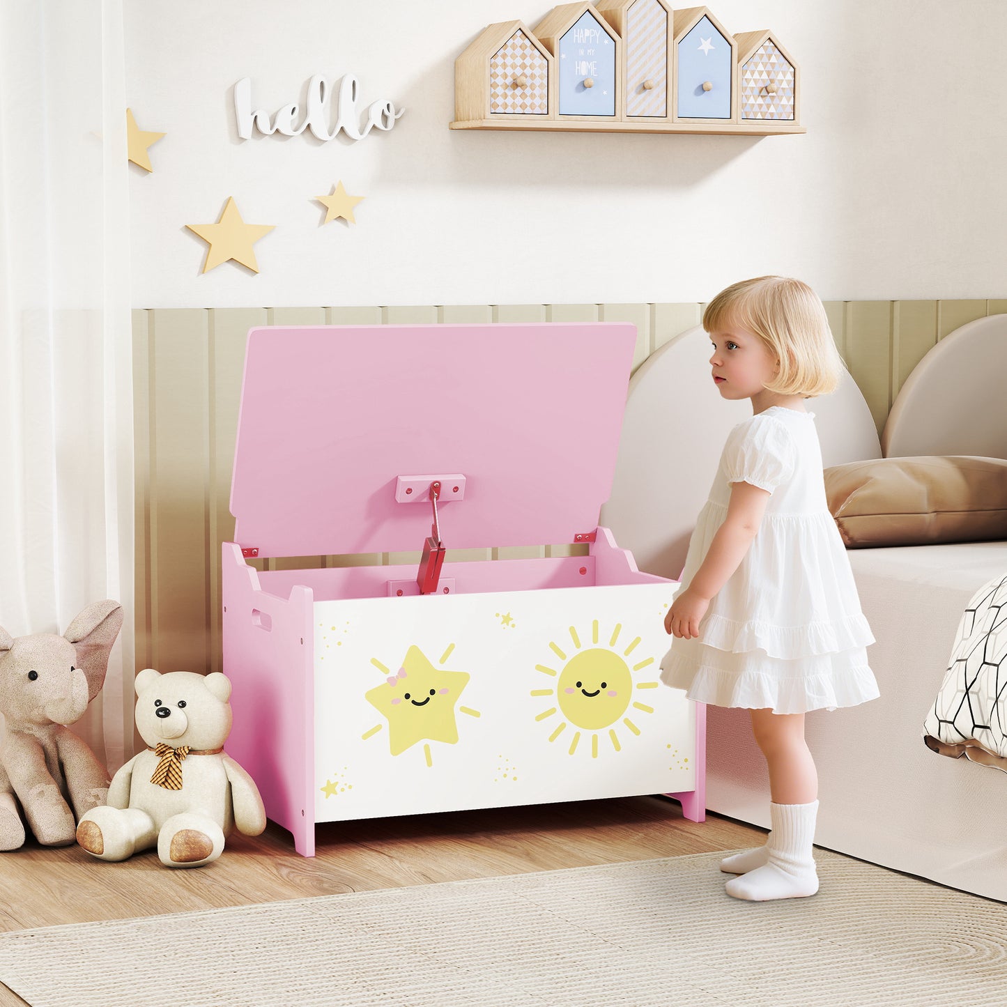 Qaba Toy Chest, Kids Storage Chest with Lid, Safety Hinges and Groove Handles for Boys, Girls, Pink