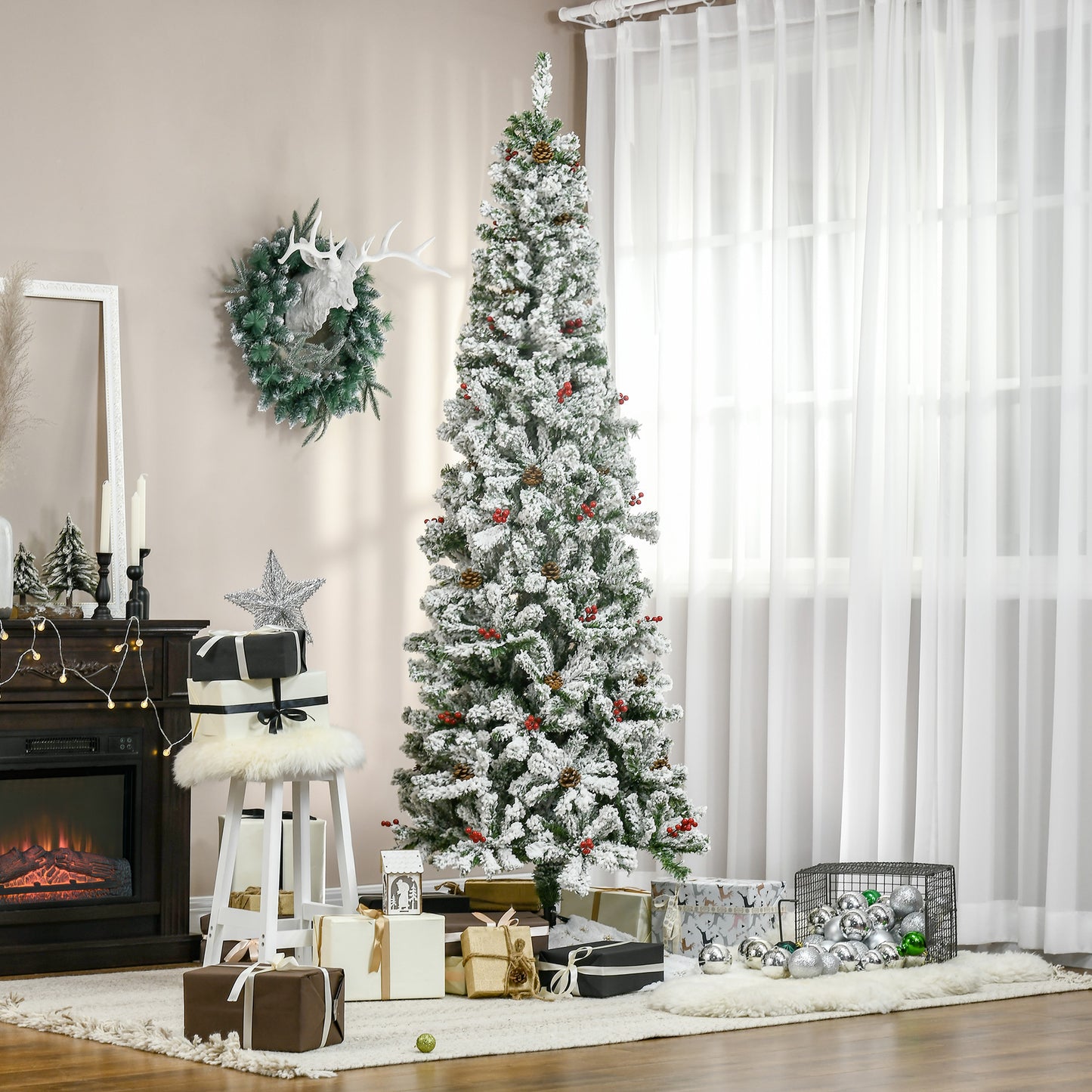 7.5 Foot Pencil Snow Flocked Artificial Christmas Tree with 950 Pine Realistic Branches, Pine Cones, Red Berries, Auto O
