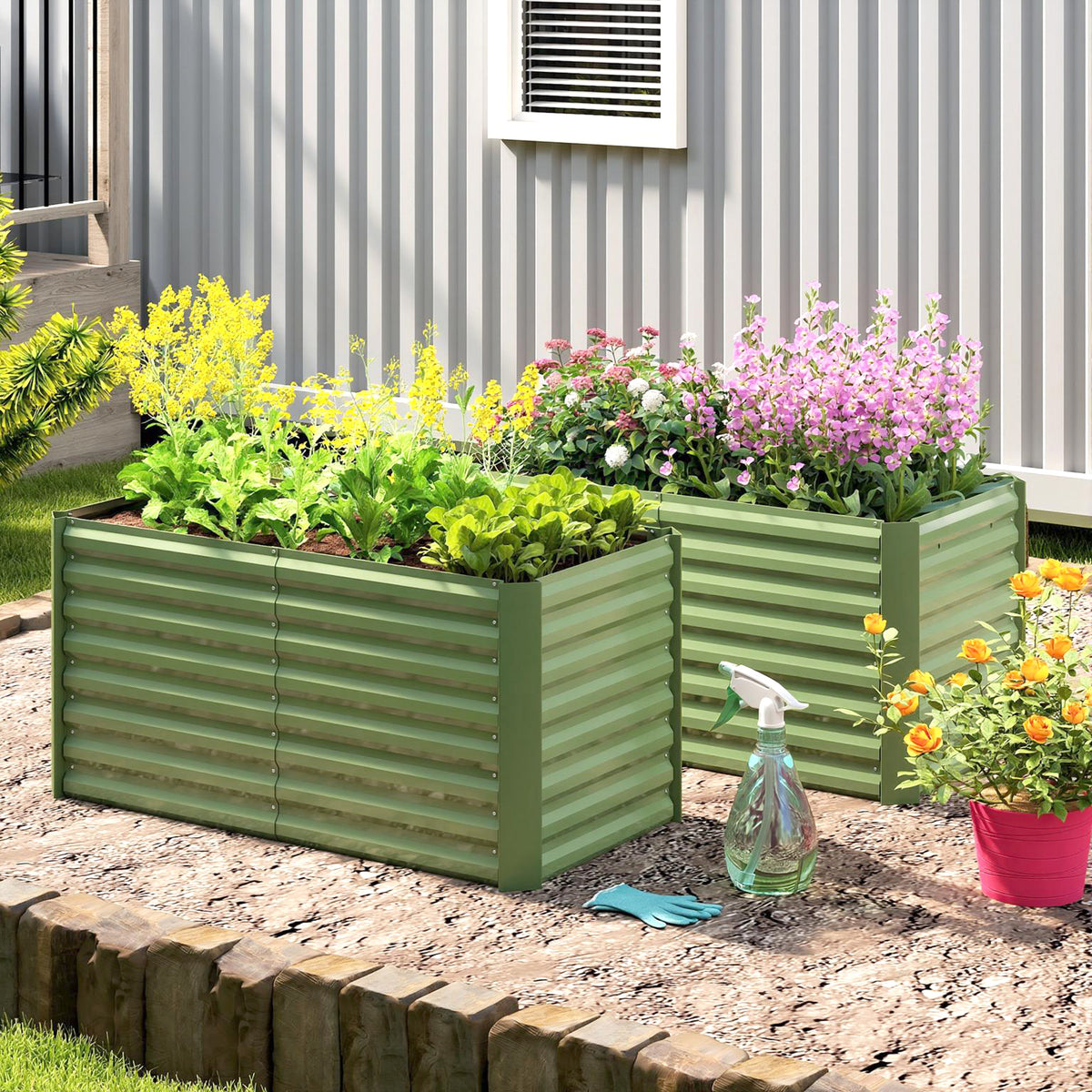 Set of 2 Galvanized Metal Planters for Outdoor Plants, 4' x 2' x 2' Raised Garden Bed, Light Green