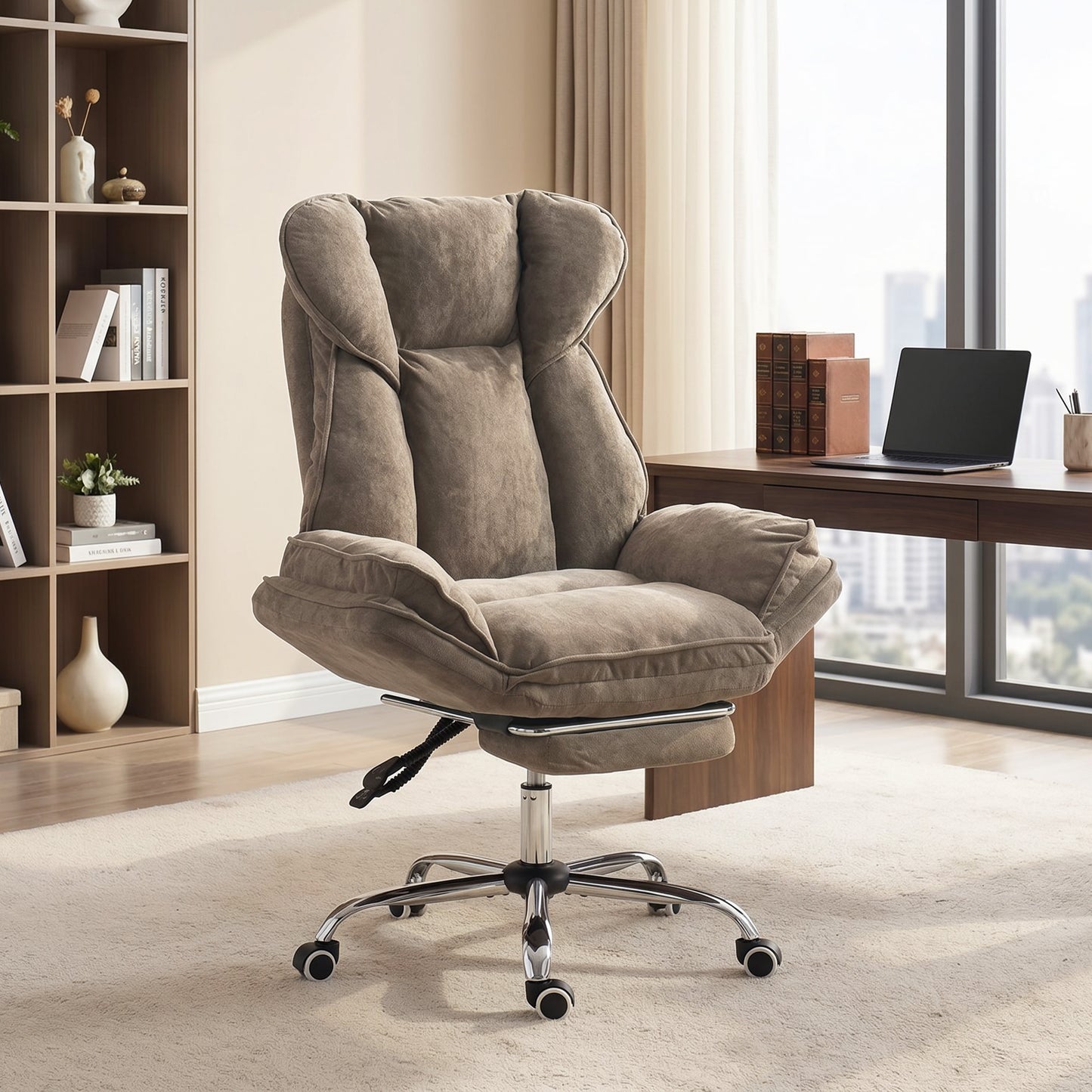 Big and Tall Office Chair Footrest Executive Desk Chair High Back Snowflake Velvet Reclining, Brown