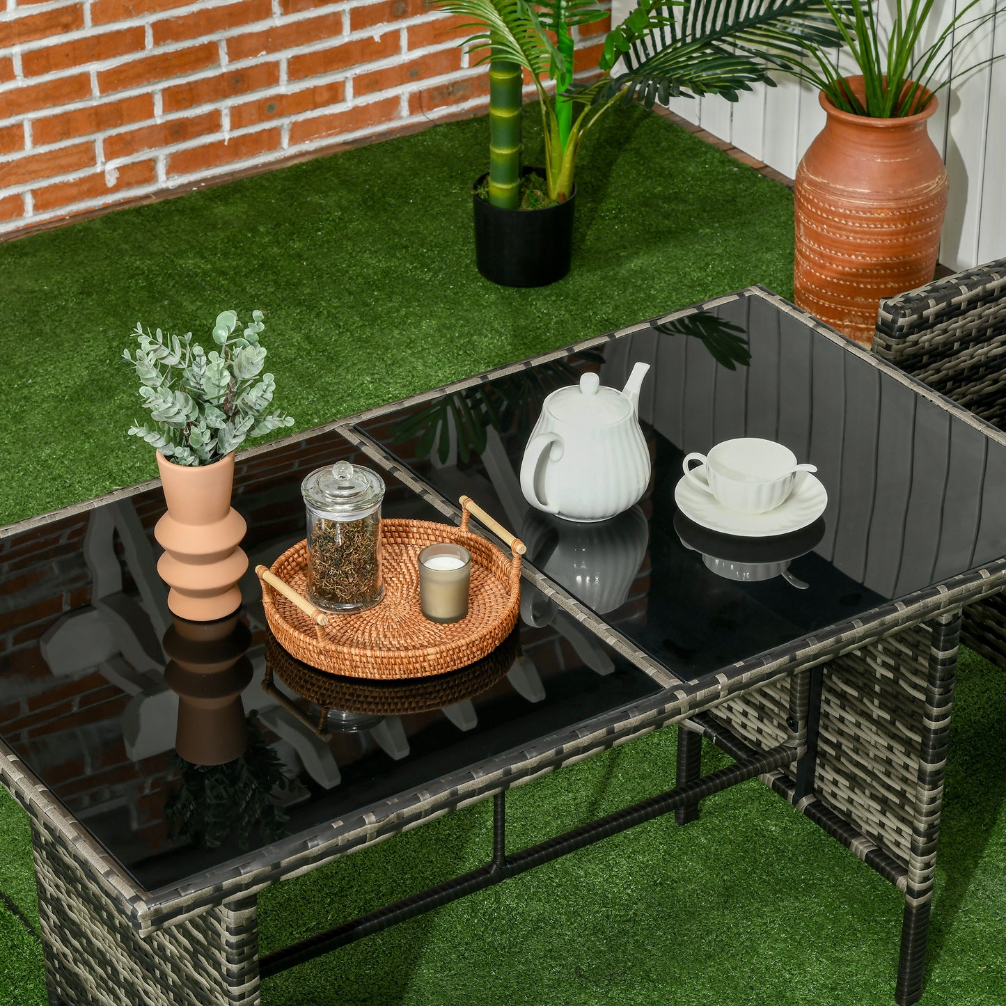 6-Piece Outdoor Patio Furniture Set with Chairs, Ottomans, Sofa, Glass Top Coffee Table and Cushions, Wicker Rattan Conv