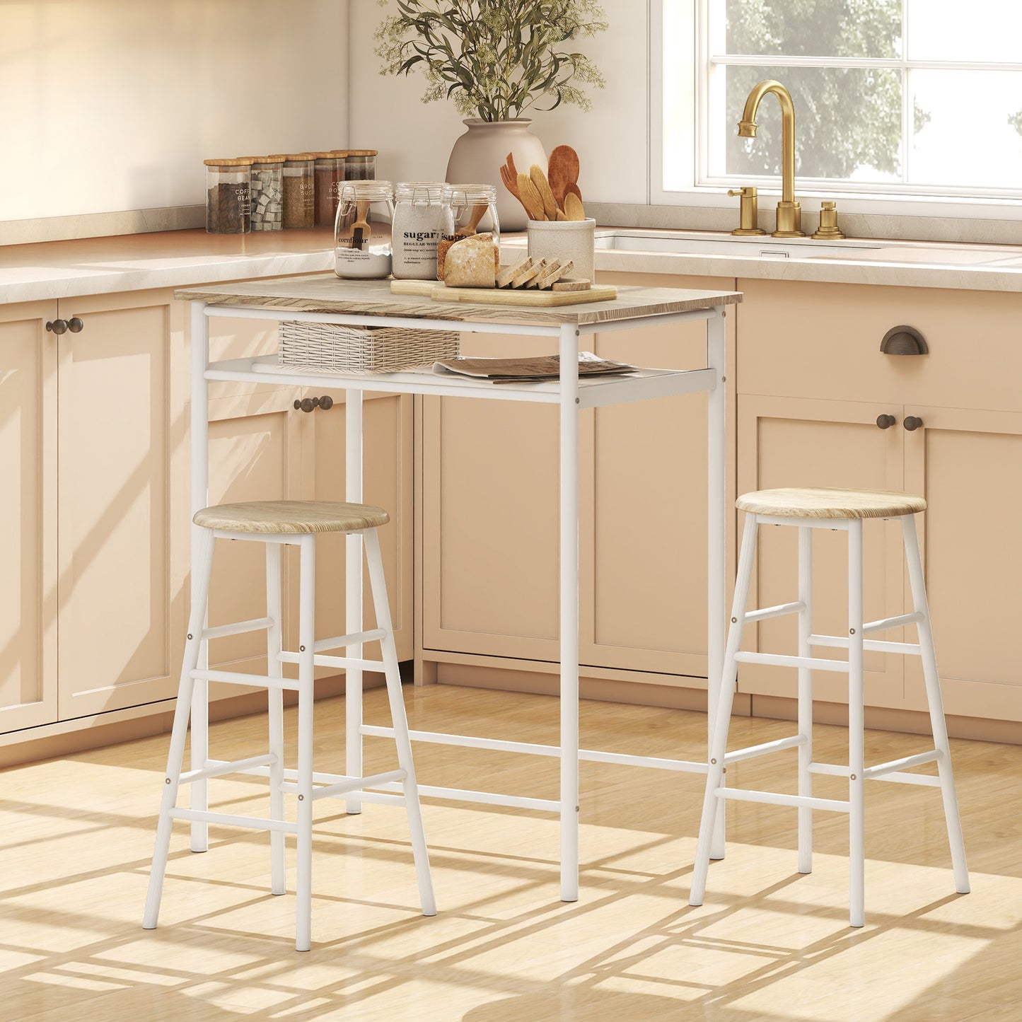 3 Piece Counter Height Bar Table Set with 1 Table, 2 Matching Stools, Dining Table Set with Storage Shelf and Metal Fram