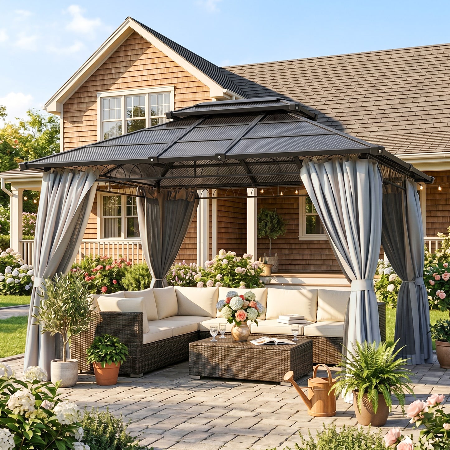 10' x 12' Outdoor Hardtop Gazebo Canopy w/ Double PC Roof, Steel Frame, Nettings, Curtains for Garden Lawn Deck, Grey