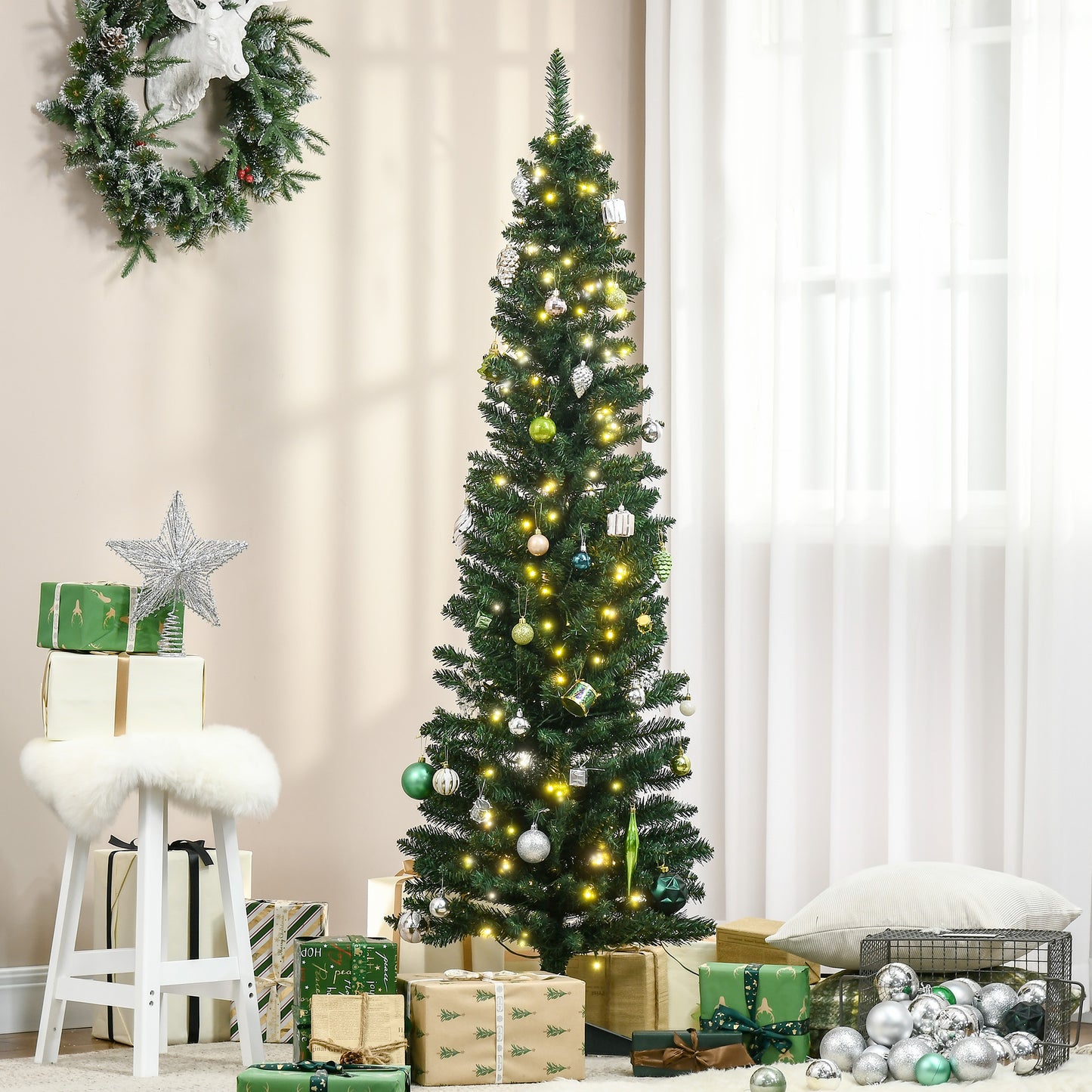 6' Pre Lit Artificial Pencil Christmas Trees, Xmas Tree with Realistic Branches and Warm White LED Lights, Green