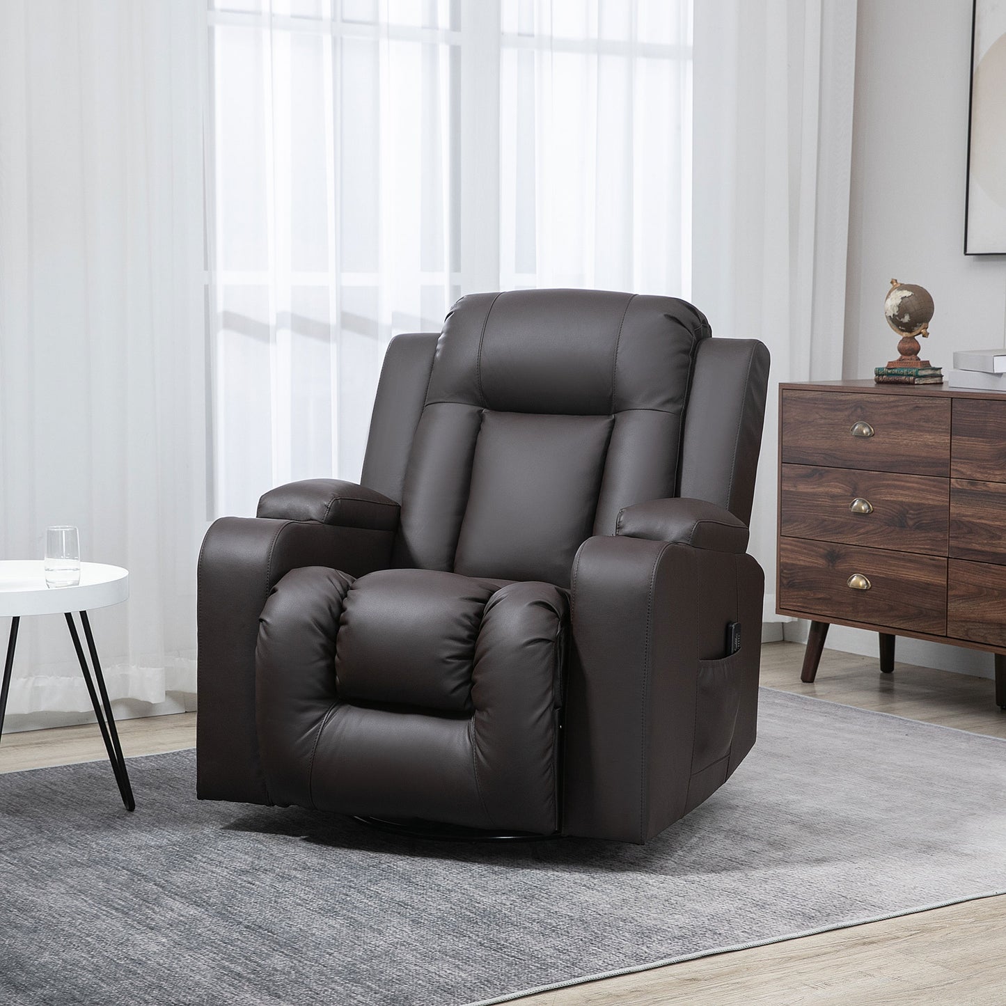 Swivel Massage Recliner Chair Rocker, Overstuffed Manual Reclining Sofa, PU Leather Rocking Chair with Side Pockets, Cup