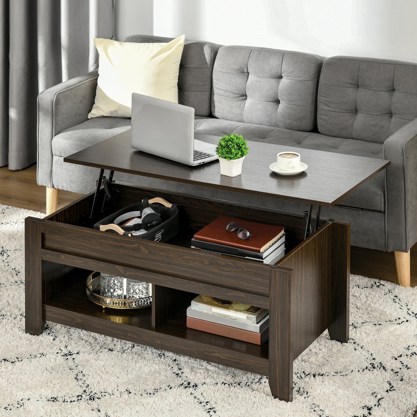 Lift Top Coffee Table with Hidden Storage Compartment and Open Shelves, Lift Tabletop Pop-Up Center Table for Living Roo