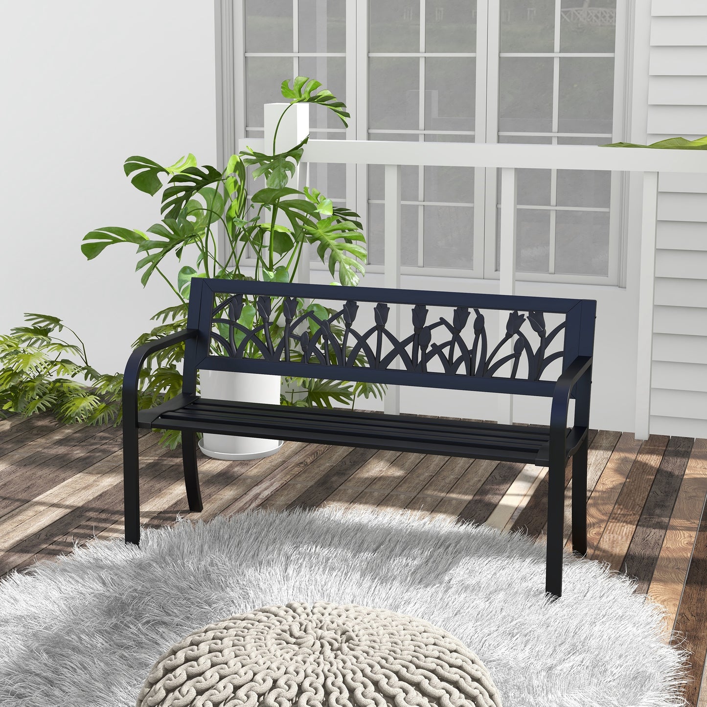 49" Metal Outdoor Bench Patio Bench with Curved Arms and Slatted Seat for Patio, Backyard, Lawn
