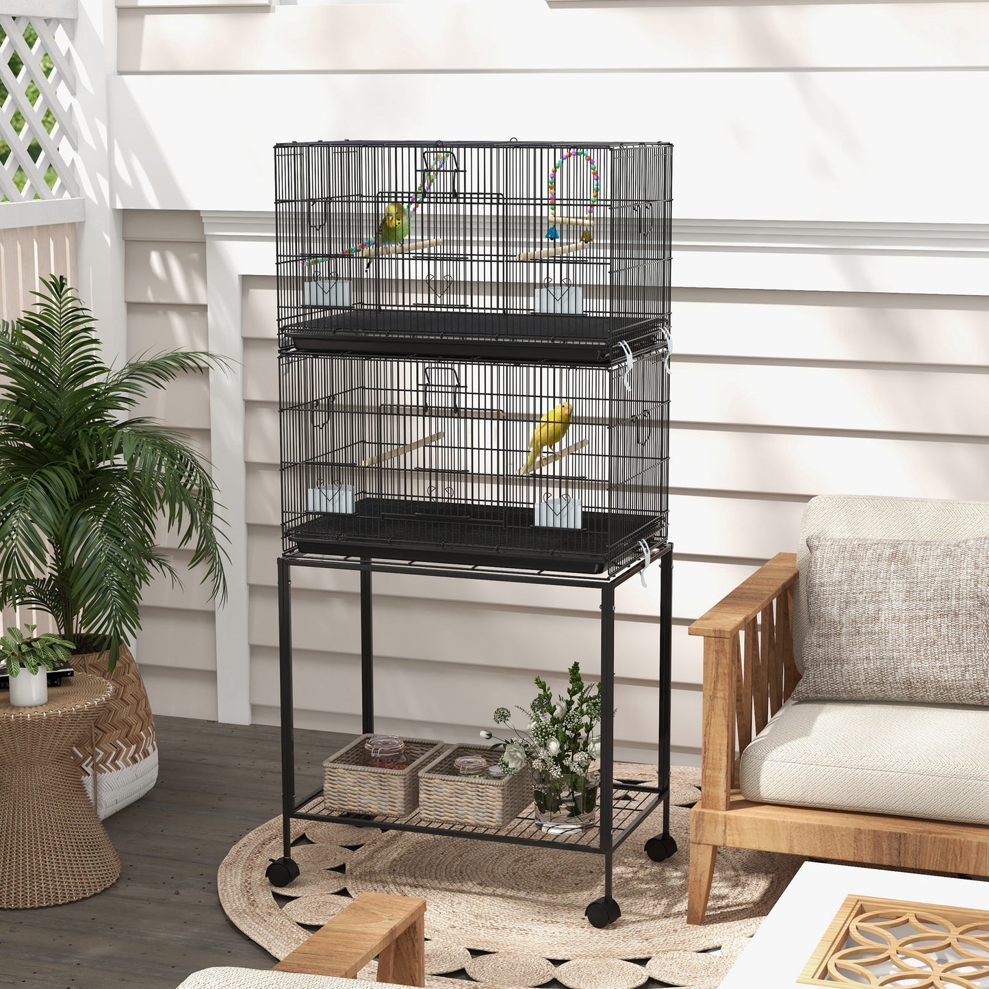 65" Birdcage for Canaries, Lovebirds Finches, Budgie Cage with Wheels, Black