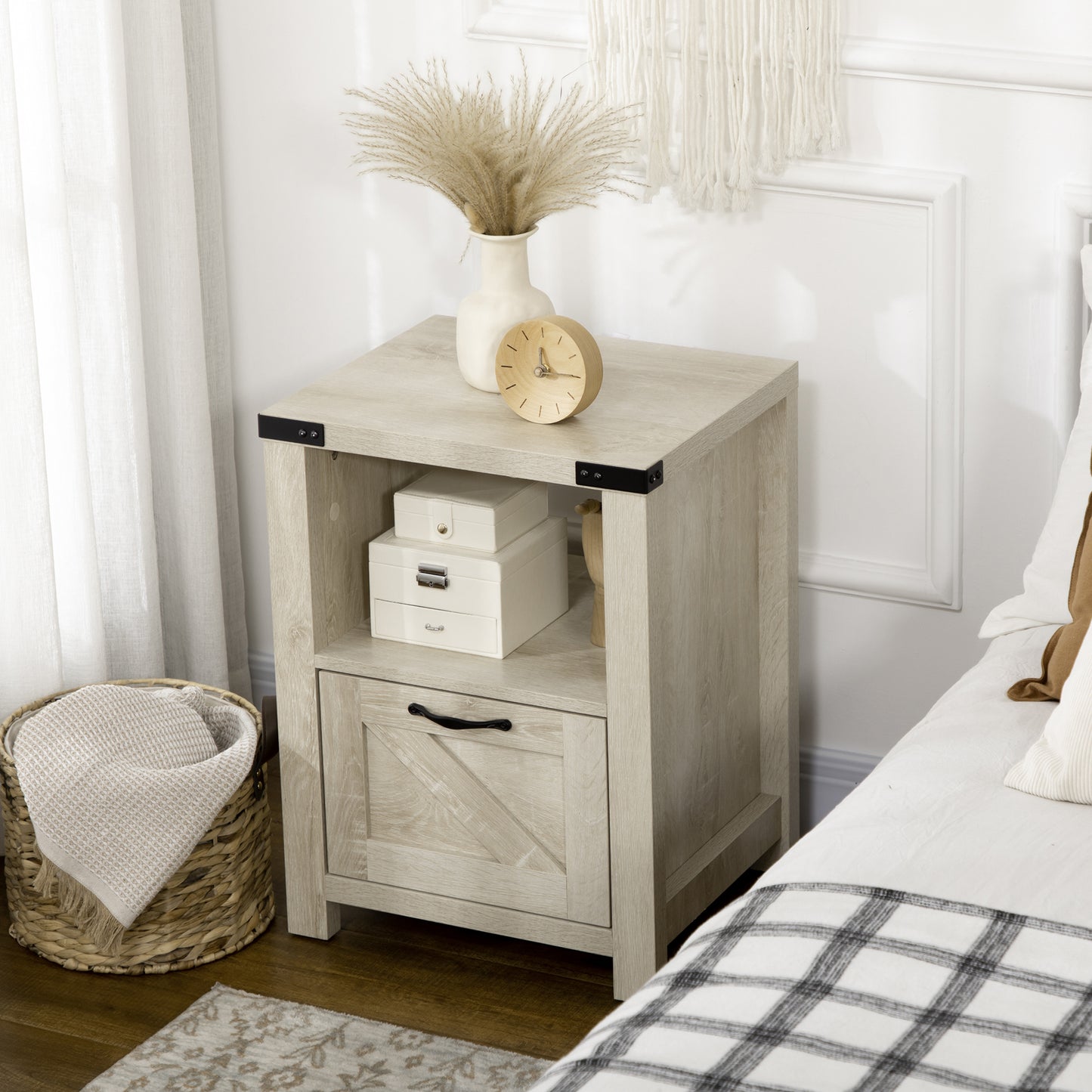 Side Table with Storage, Farmhouse End Table with Drawer, Open Shelf and Barn-style Panel, Nightstand for Living Room, B