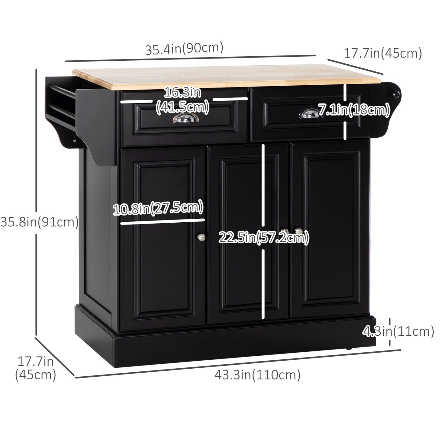 Kitchen Island with Storage Rolling Kitchen Serving Cart with Rubber Wood Top Towel Rack Storage Drawer Cabinet, Black