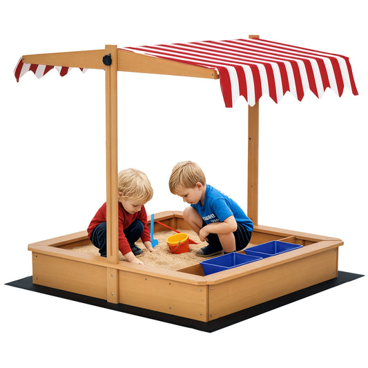 Kids Wooden Sandbox, Children Play Sand Station Outdoor with Adjustable Height Cover Lid, Bottom Liner, Seat, Plastic Ba