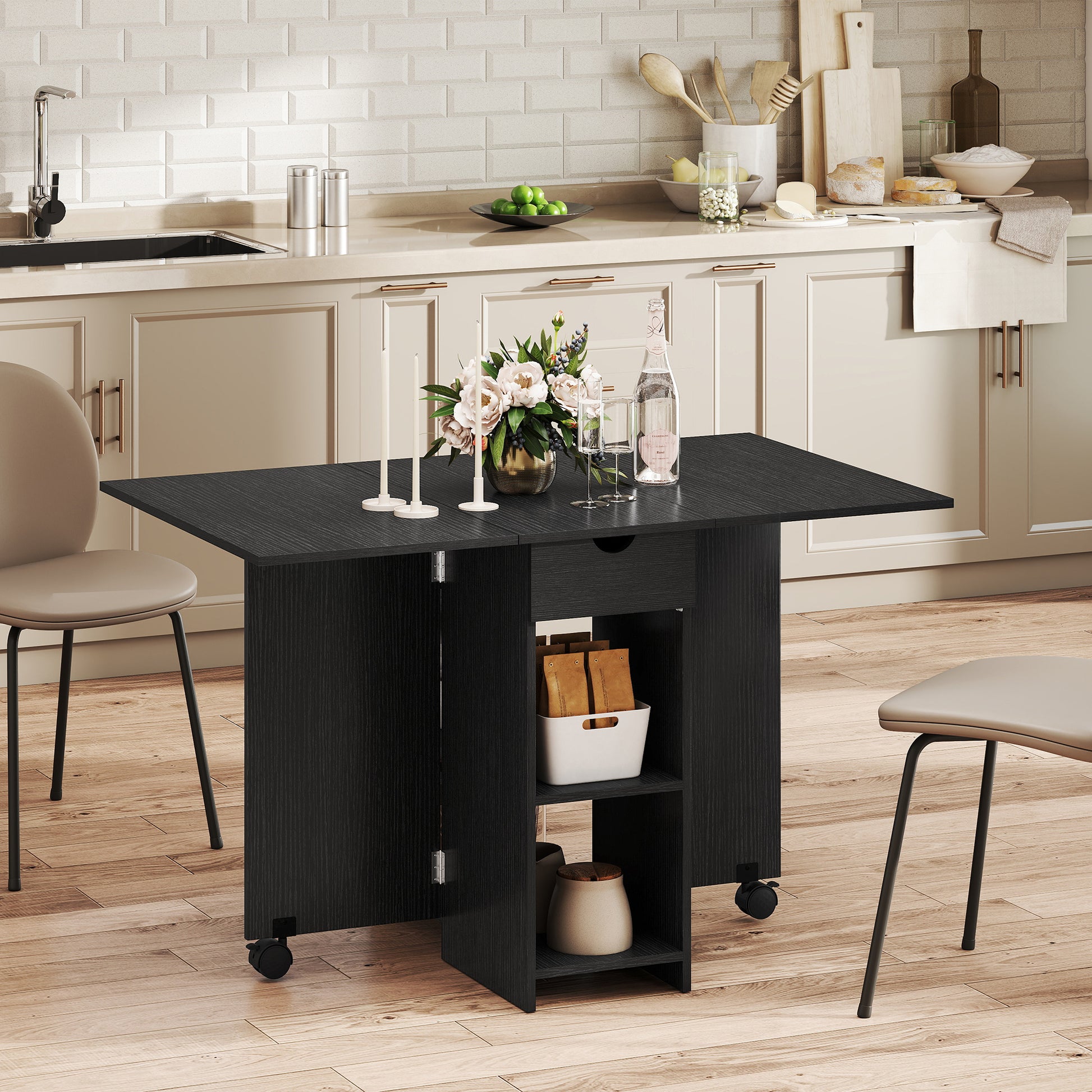 Folding Dining Table with Storage, Drop Leaf Kitchen Table with Drawer and Shelves for Small Spaces, Black