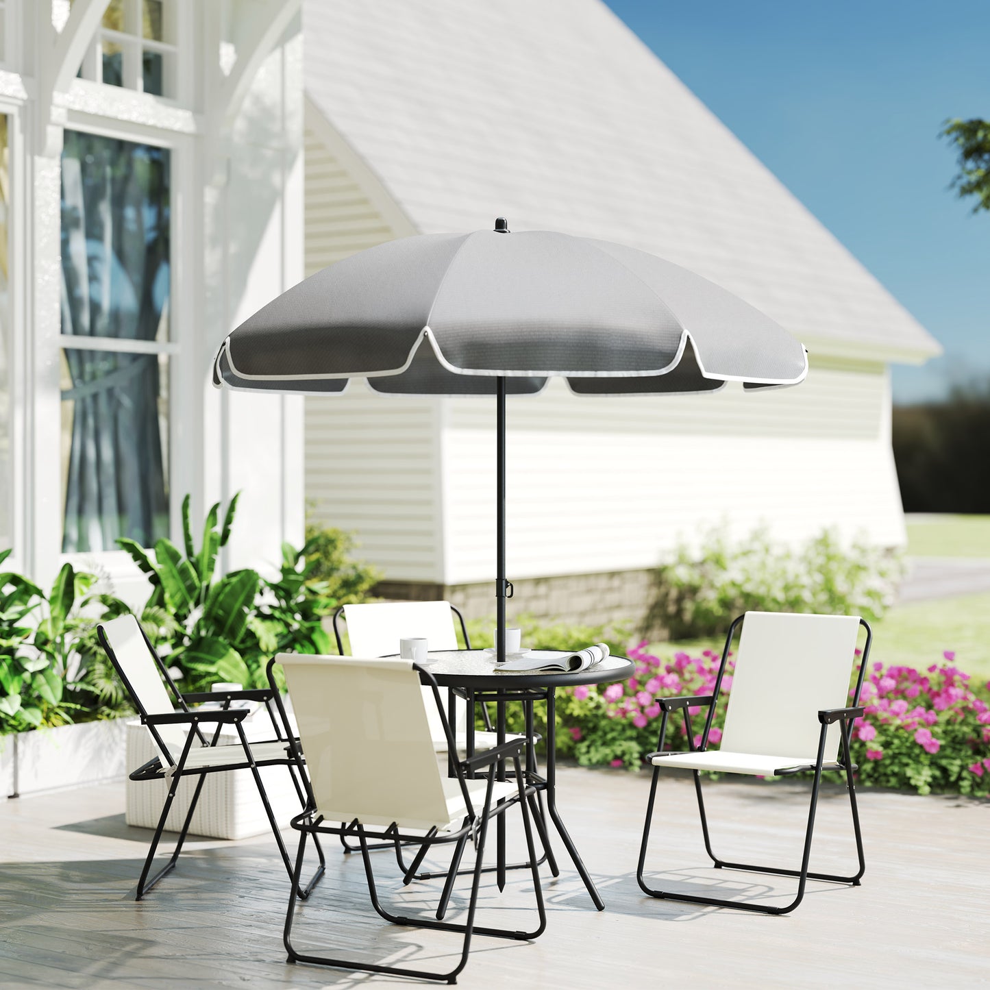 6 Pieces Patio Dining Set with Umbrella, Patio Furniture Set with Folding Chairs, Glass Table for Garden Backyard, Cream