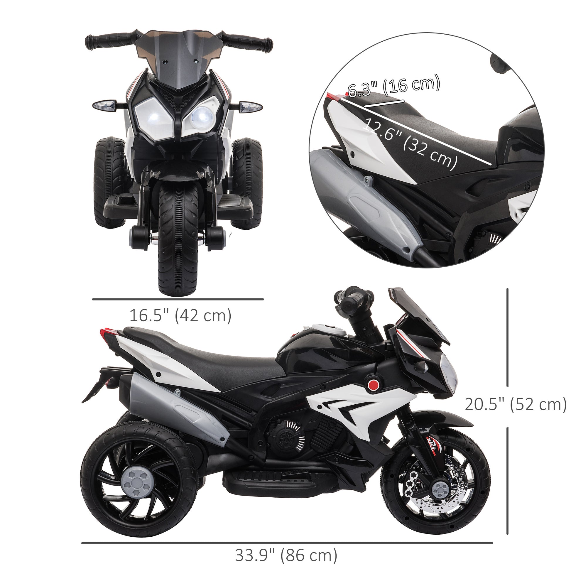 Qaba Kids Electric Motorcycle Ride-On Toy with 3 Wheels, Music, Horn, Lights, Black