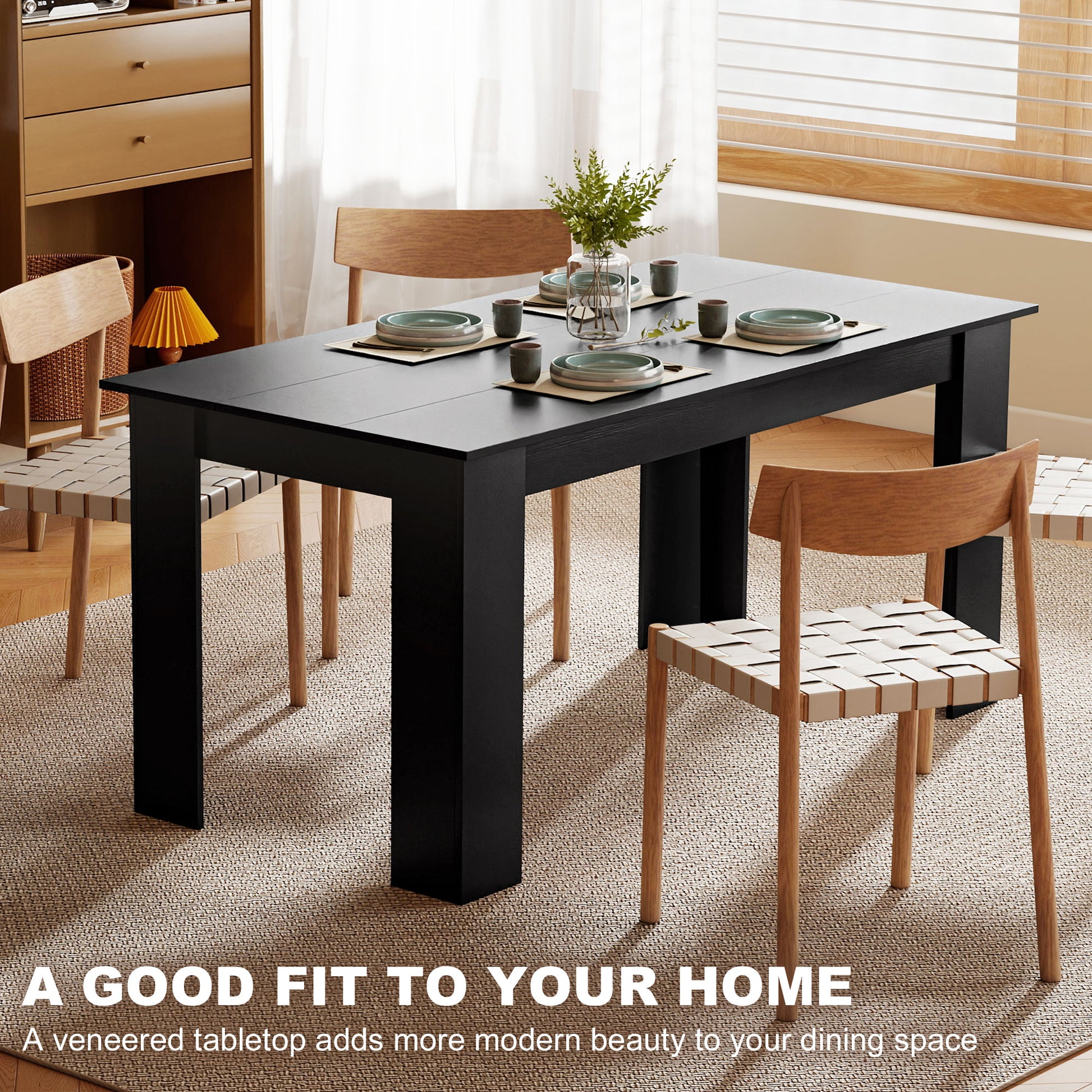 63" Kitchen Table for 4-6 People, Dining Table with Wood Effect for Dining Room, Black
