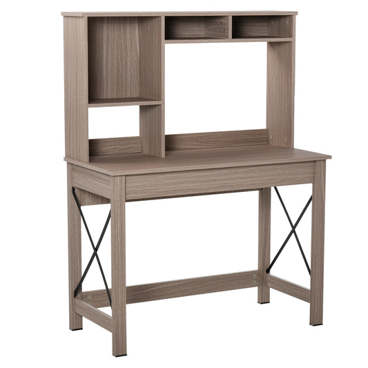 Computer Desk with Hutch, Home Office Table with Storage Shelves and Open Compartments for Writing, Work, Brown