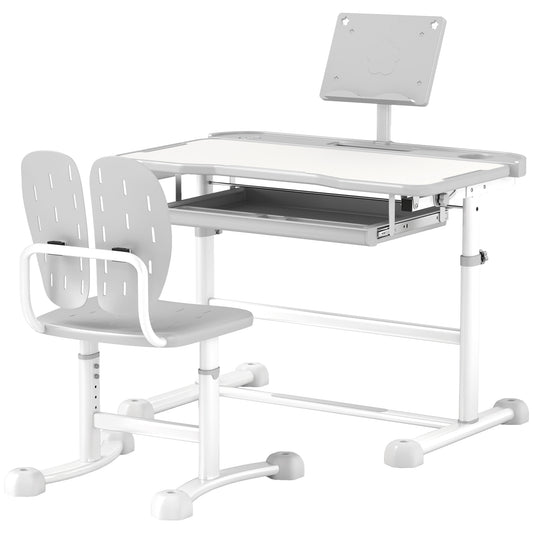 Qaba Height Adjustable Kids Desk and Chair Set with Tilt Desktop, Large Writing Board, Storage Drawer, Book Stand, Grey
