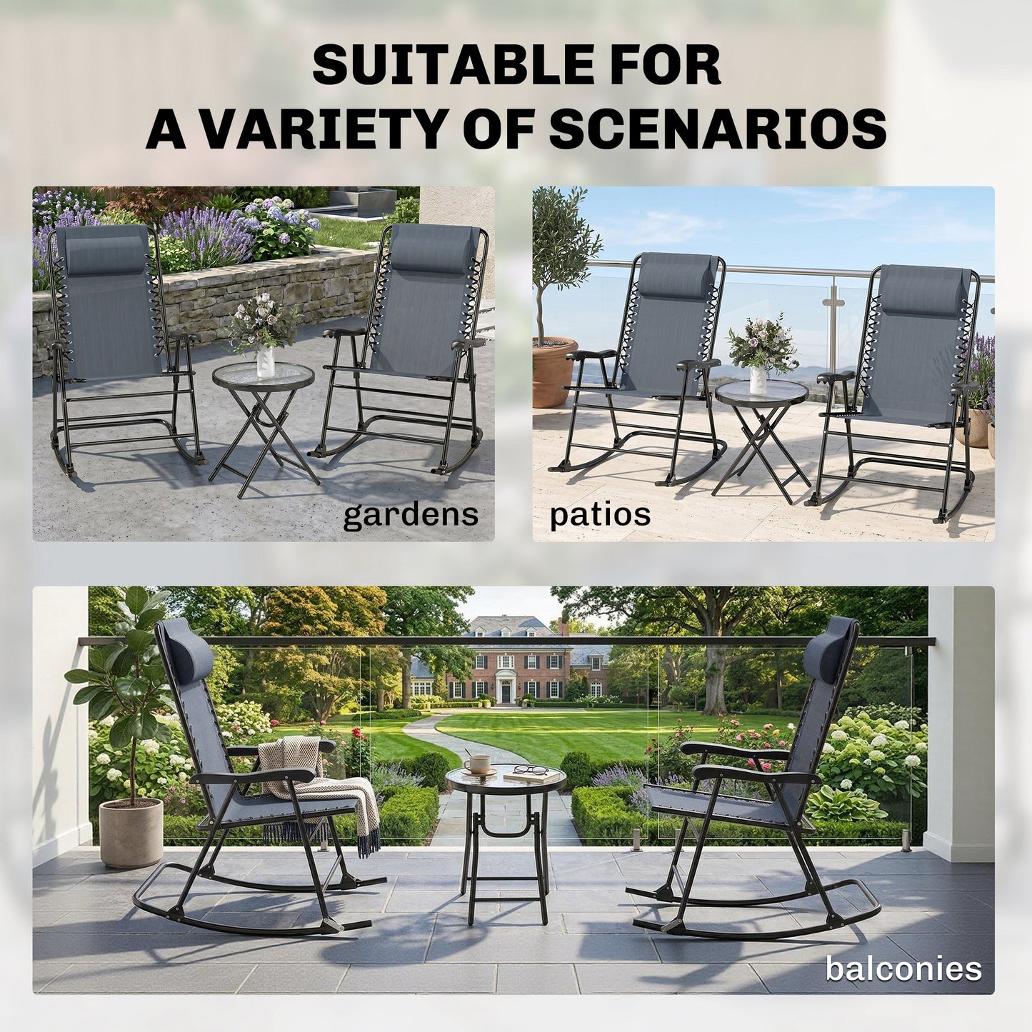 3pc Patio Rocking Chair Set, Folding Outdoor Rocking Chairs and Table Bistro Set w/ Breathable Mesh Seat & Backrest, Hea