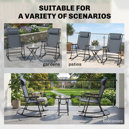 3pc Patio Rocking Chair Set, Folding Outdoor Rocking Chairs and Table Bistro Set w/ Breathable Mesh Seat & Backrest, Hea