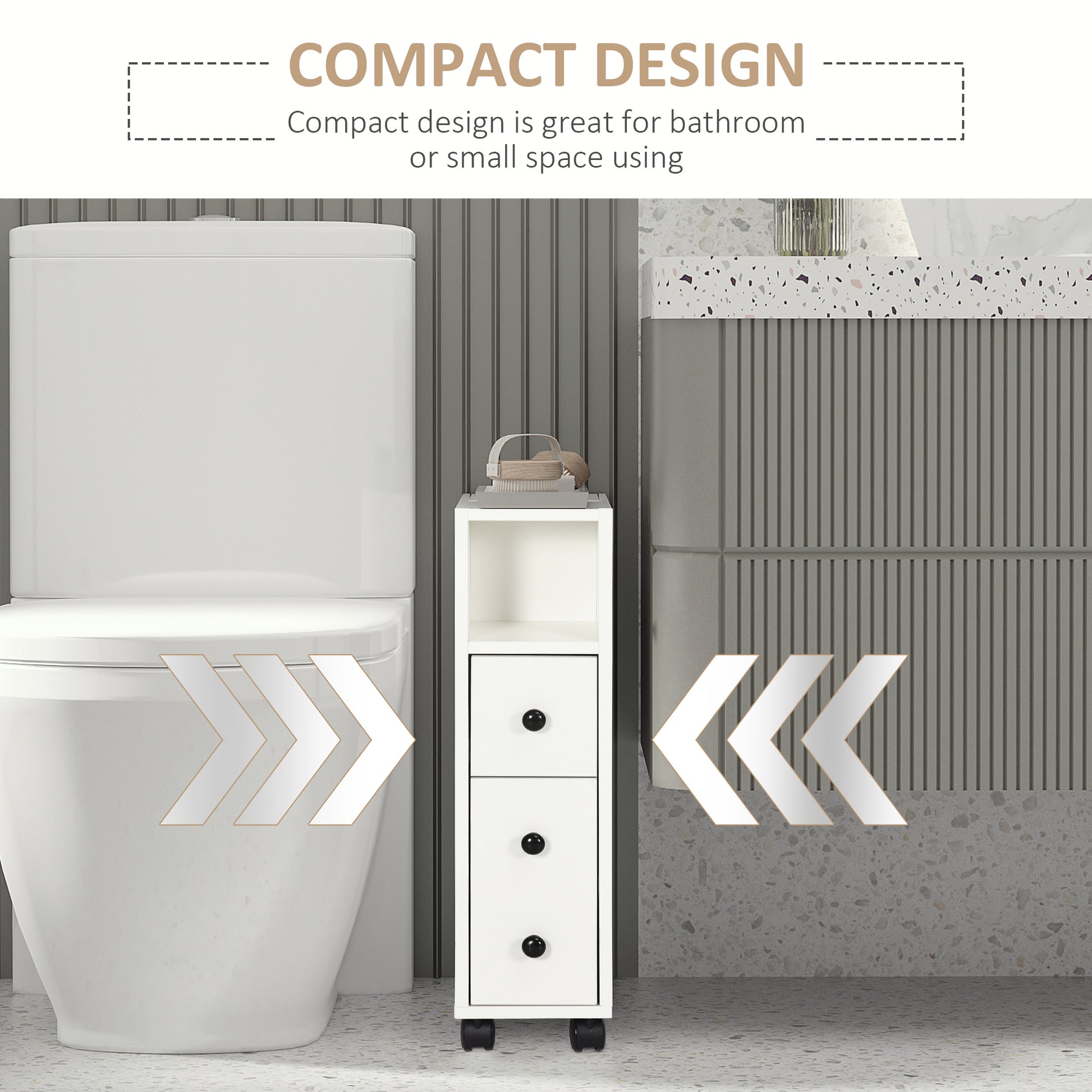 Slim Bathroom Cabinet with Wheels, Narrow Bathroom Storage Cabinet with Door, Drawer and 2 Open Compartments, White