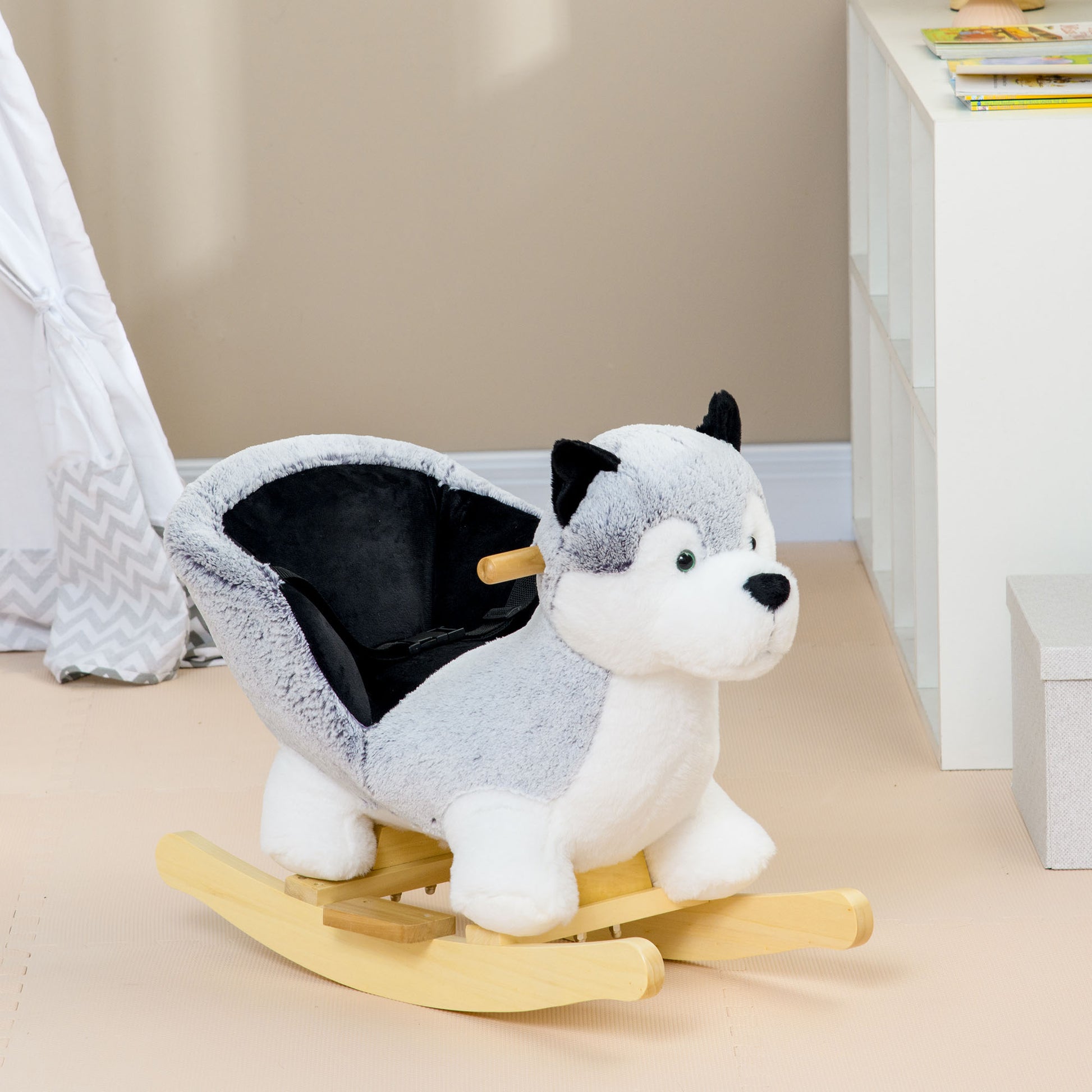 Qaba Baby Rocking Horse, Plush Animal Rocker for Toddlers Aged 18-36 Months, Stuffed Ride Toy with Sounds, Seat Belt, Gr