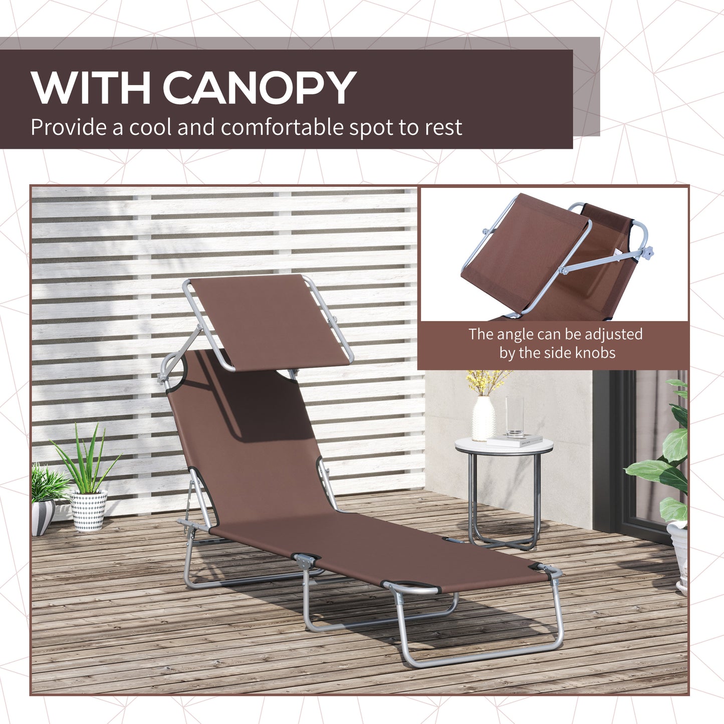 Outdoor Lounge Chair, Adjustable Folding Chaise Lounge,  Tanning Chair with Sun Shade for Beach, Camping, Hiking, Backya