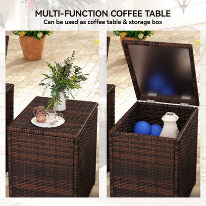 3 Pieces Wicker Patio Furniture Set, Rattan Bistro Set with Storage Coffee Table and Thickened Cushions, Outdoor Convers