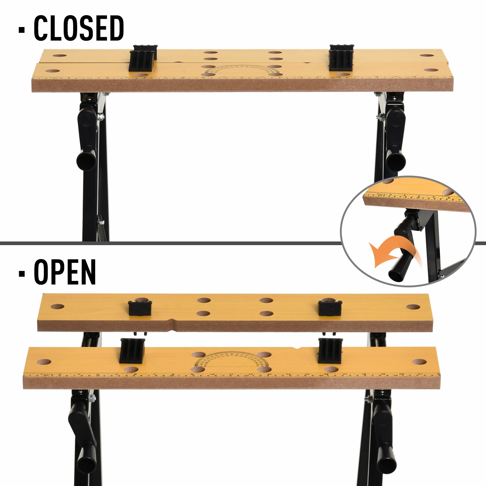 Foldable Work Bench w/ 4 Adjustable Clamps, Carpenter Saw Table, MDF Surface, Steel Frame, Portable Work Bench 100kg/220
