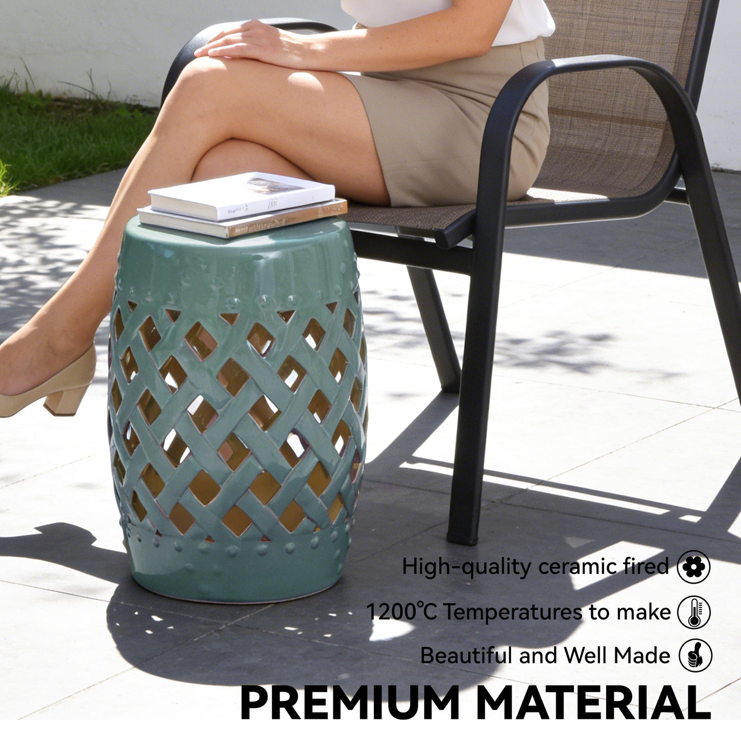12.4" x 17.9" Ceramic Garden Stool with Woven Lattice Design, Indoor & Outdoor Decorative Accent Stool, Blue