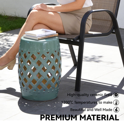 12.4" x 17.9" Ceramic Garden Stool with Woven Lattice Design, Indoor & Outdoor Decorative Accent Stool, Blue