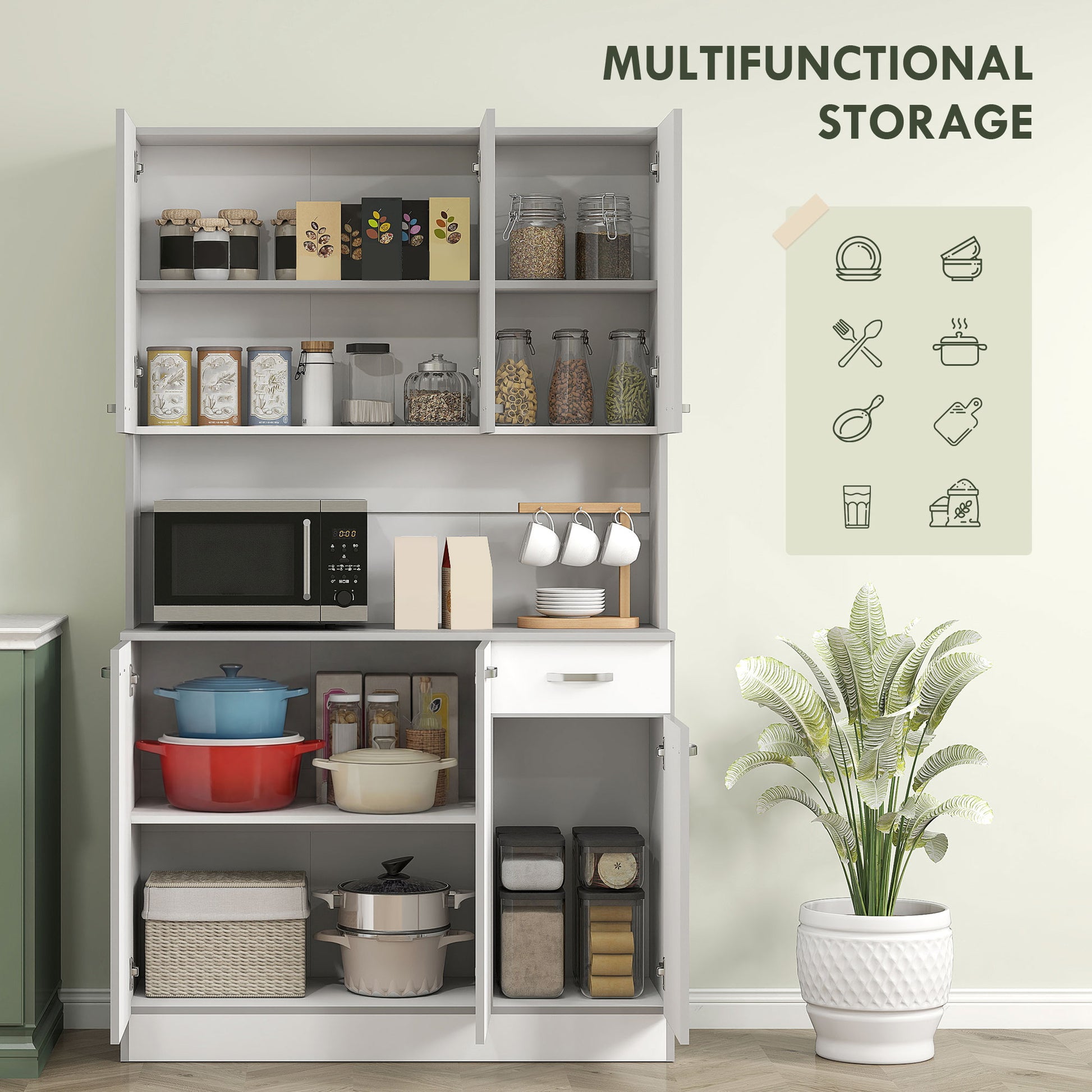 71" Modern Buffet with Hutch, Standing Kitchen Hutch with Storage Cabinets, Drawer, Open Space with Microwave Stand, Whi