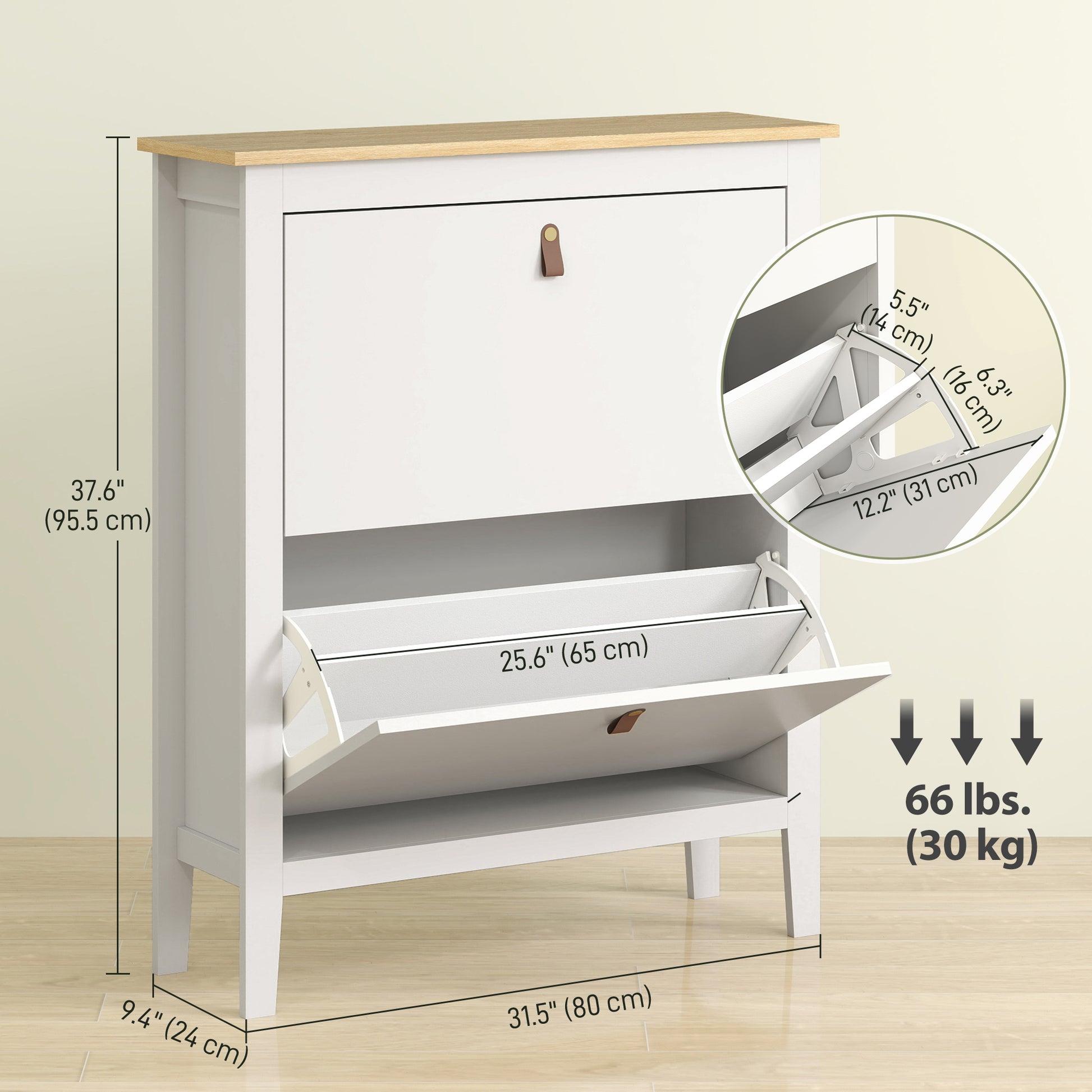Narrow Shoe Cabinet with 2 Flip Drawers, Adjustable Shelves for Entryway, Holds 10-14 Pairs, White